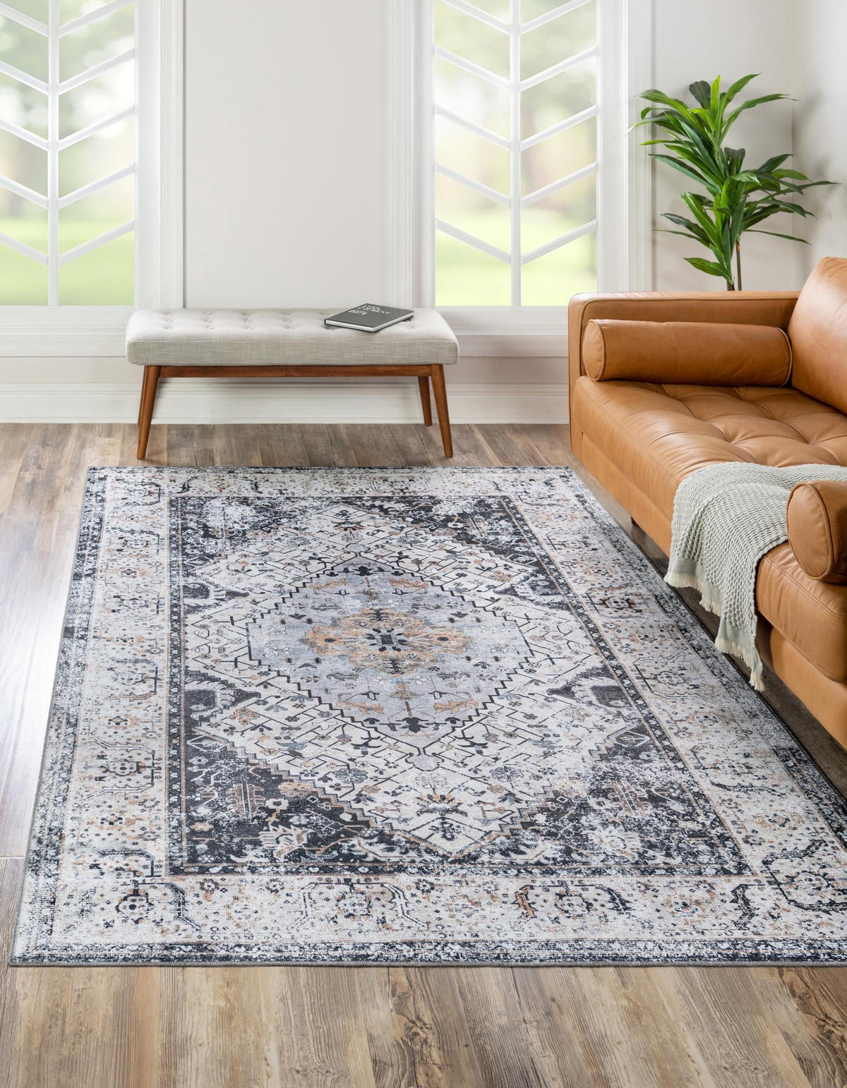 Yara Yash Linen Charcoal & Beige Area Rug | same-design same-color lifestyle (shape may vary)