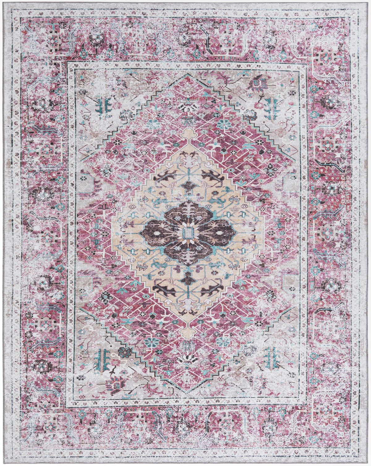 Yara Yash Light Coral Pink & Blue Area Rug, overhead view