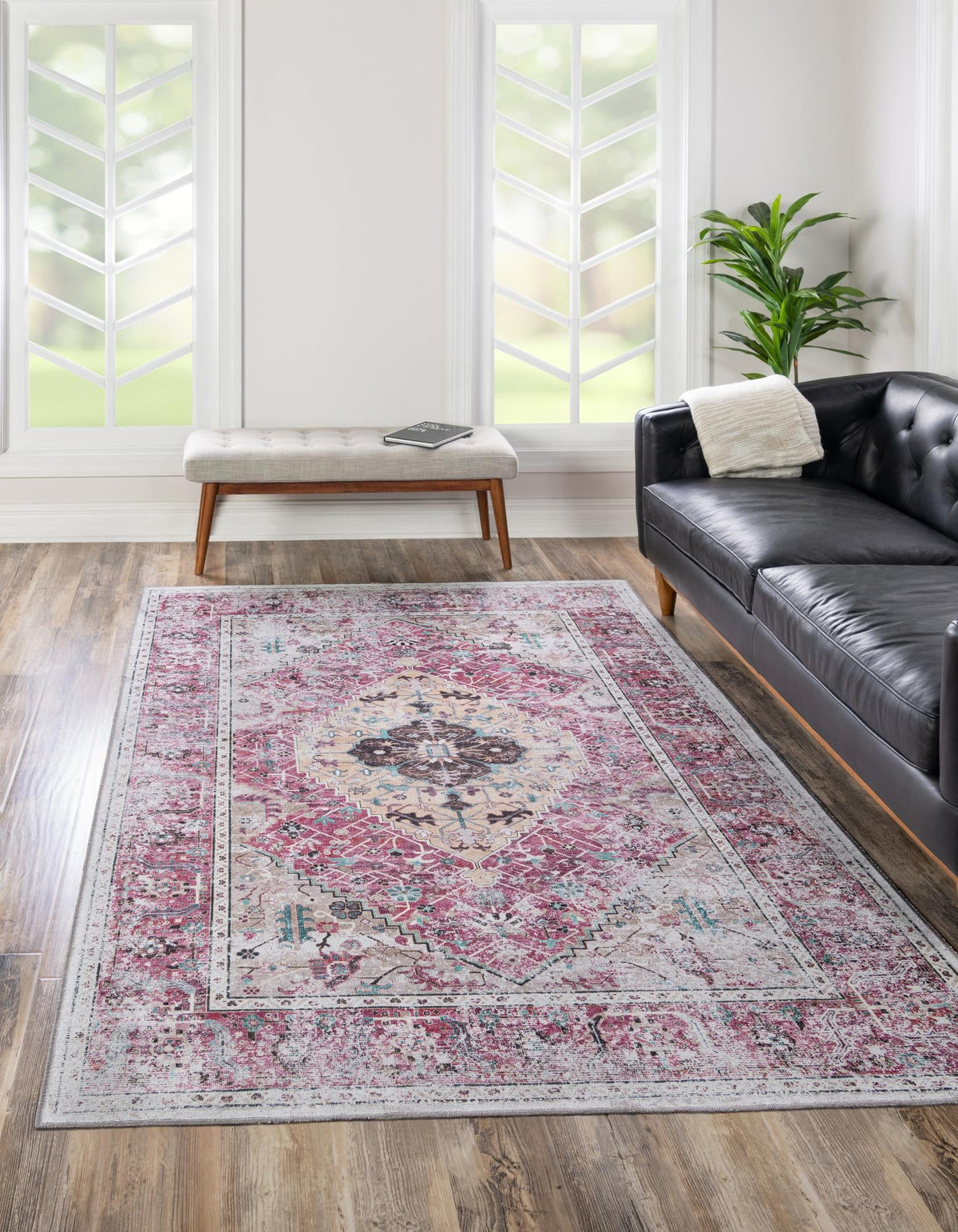 Yara Yash Light Coral Pink & Blue Area Rug, room setting