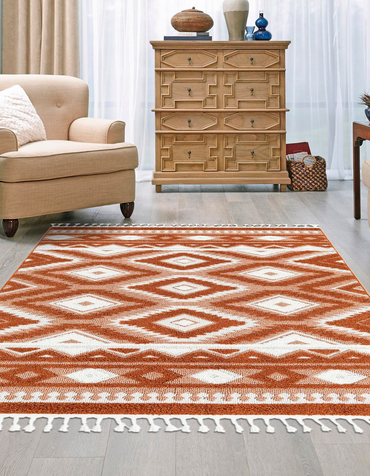 Boho Gigi Rust Red & Ivory Area Rug: Same design/color lifestyle; shape may differ