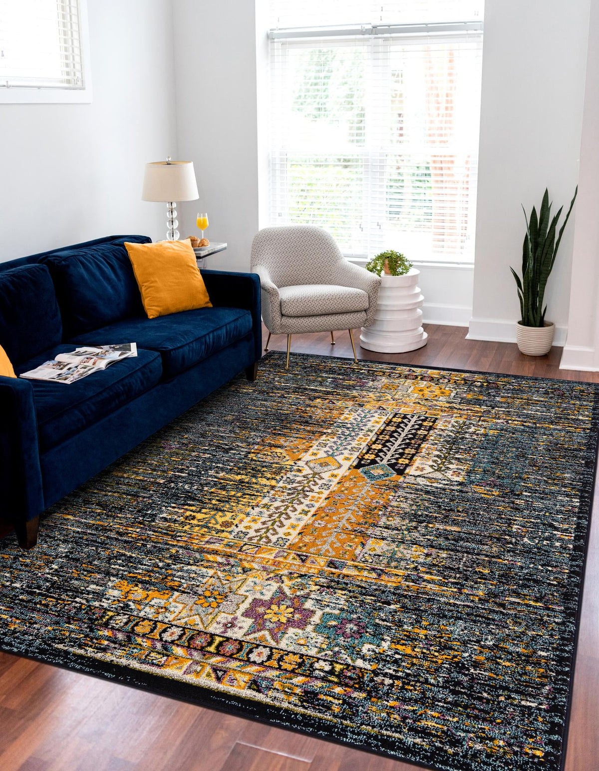 Penrose Kristen Navy Blue & Brown Area Rug lifestyle Rectangle