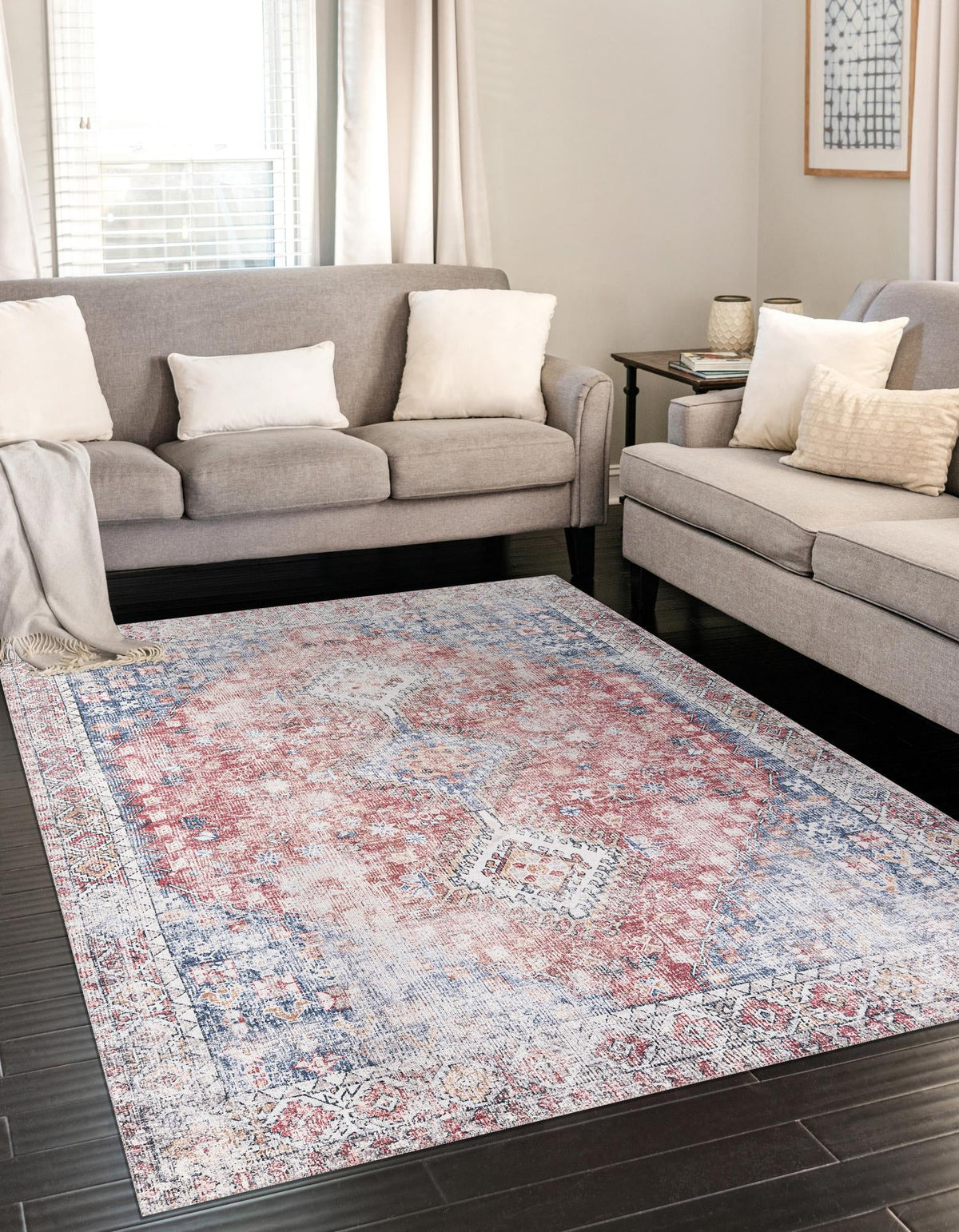 Yara Akash Red and Navy Blue & Blue Area Rug lifestyle Rectangle