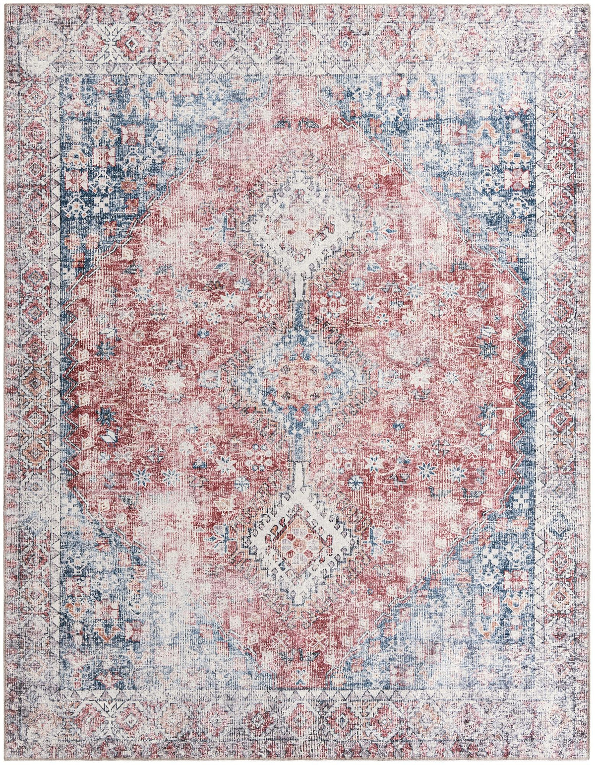 Yara Akash Red and Navy Blue & Blue Area Rug overhead Rectangle 7' 10" x 10'