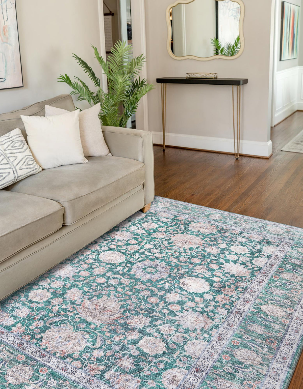 Yara Samarth Emerald Green & Beige Area Rug lifestyle Rectangle