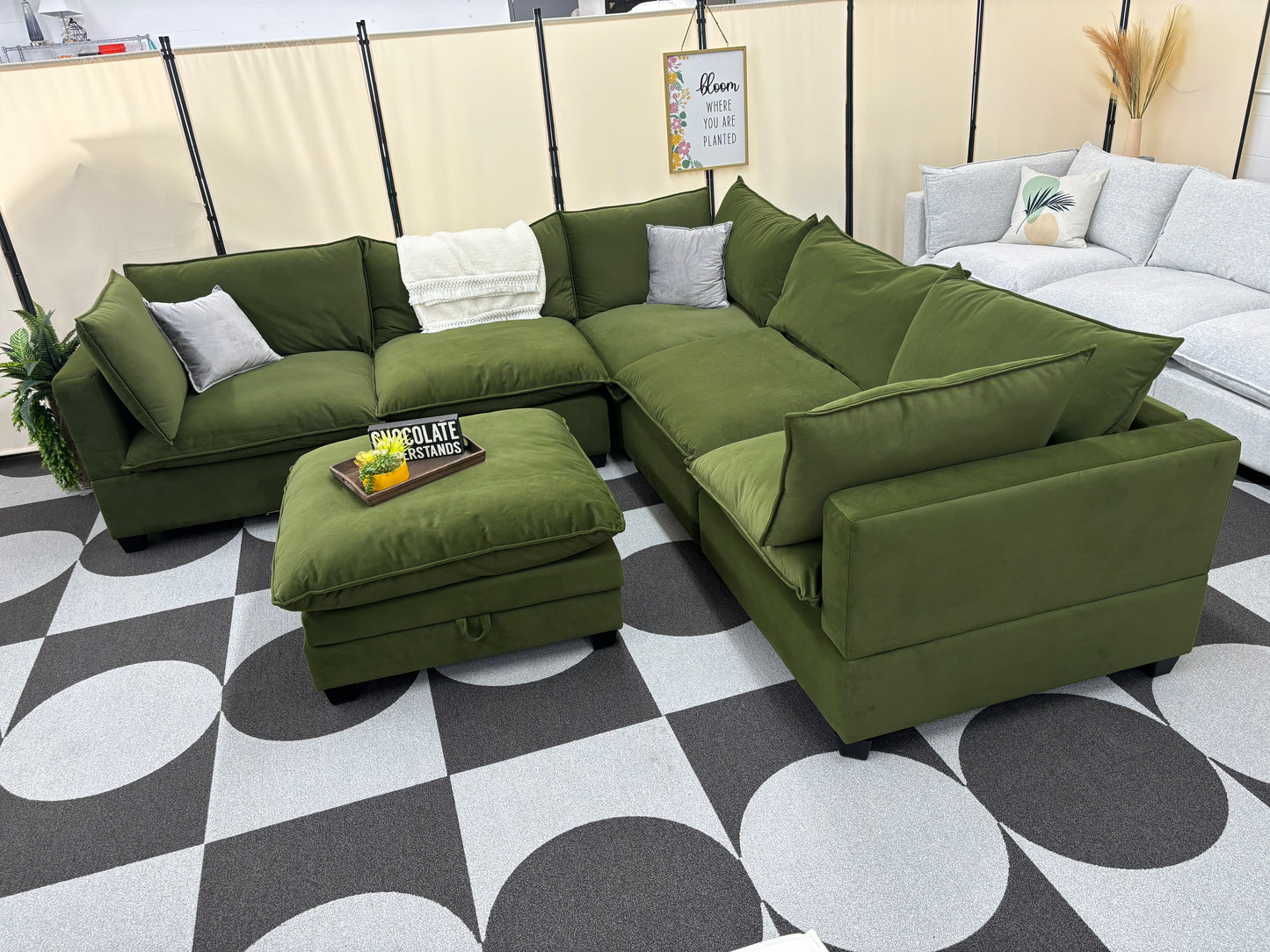 Olive Green Velvet SKY 2.0 Modular Corner Sectional + Ottoman