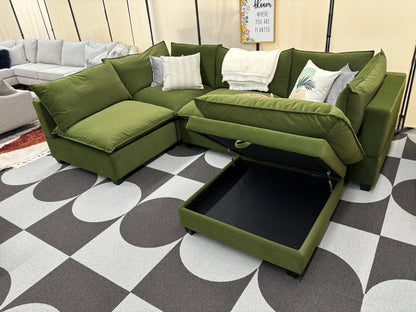 Olive Green Velvet SKY 2.0 Modular L-Shape + Storage Ottoman