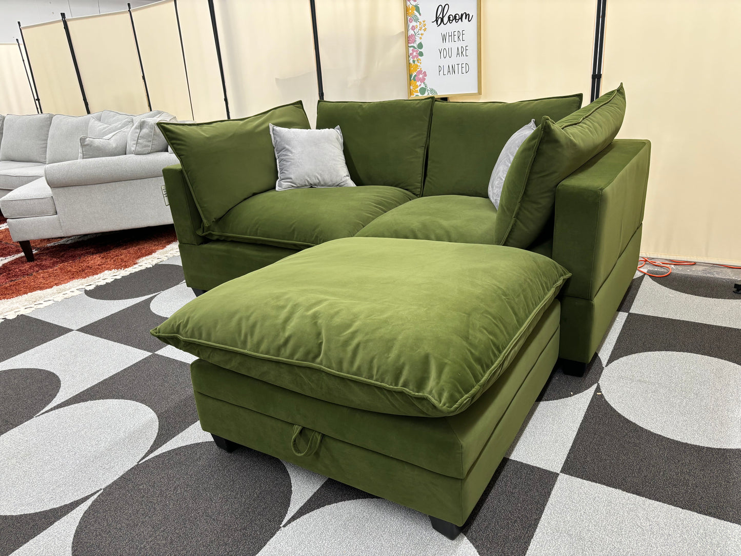 Olive Green Velvet SKY 2.0 Modular 2 Seater Sofa + Storage Ottoman