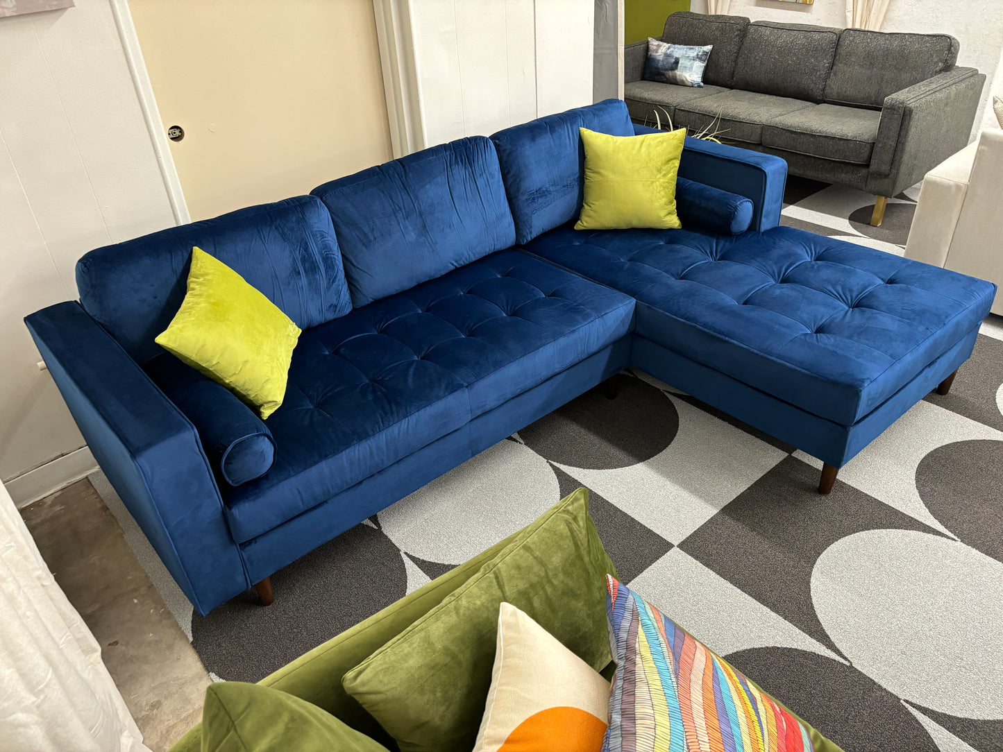 Blue Velvet Roxy Right-Facing Chaise Sectional