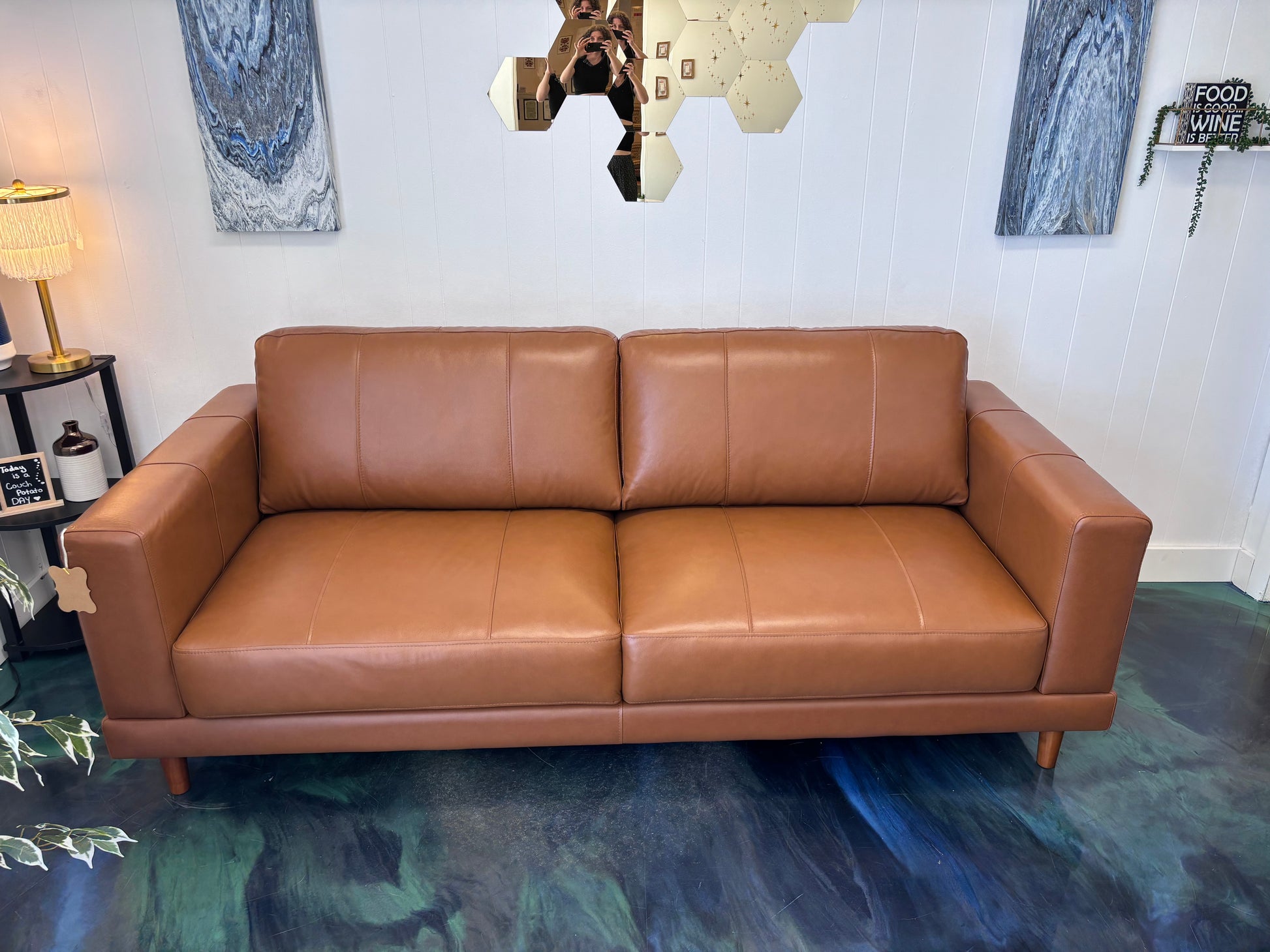Whiskey Brown Top Grain Leather Hampton Sofa - Reclaimed Elegance