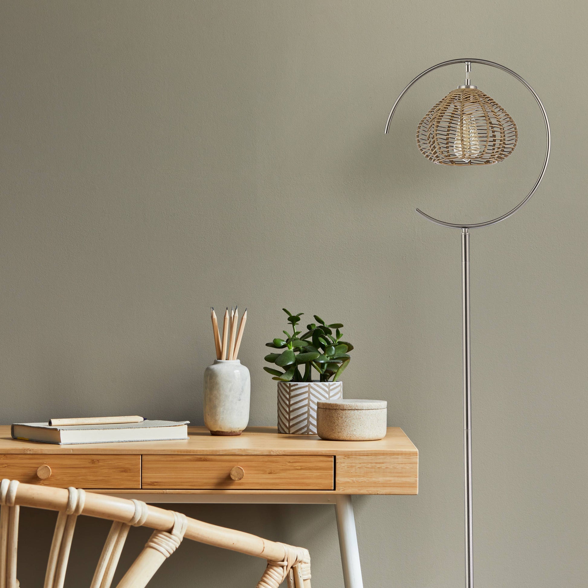 Brushed Nickel Iron Floor Lamp & Tan Rattan Shade - Reclaimed Elegance