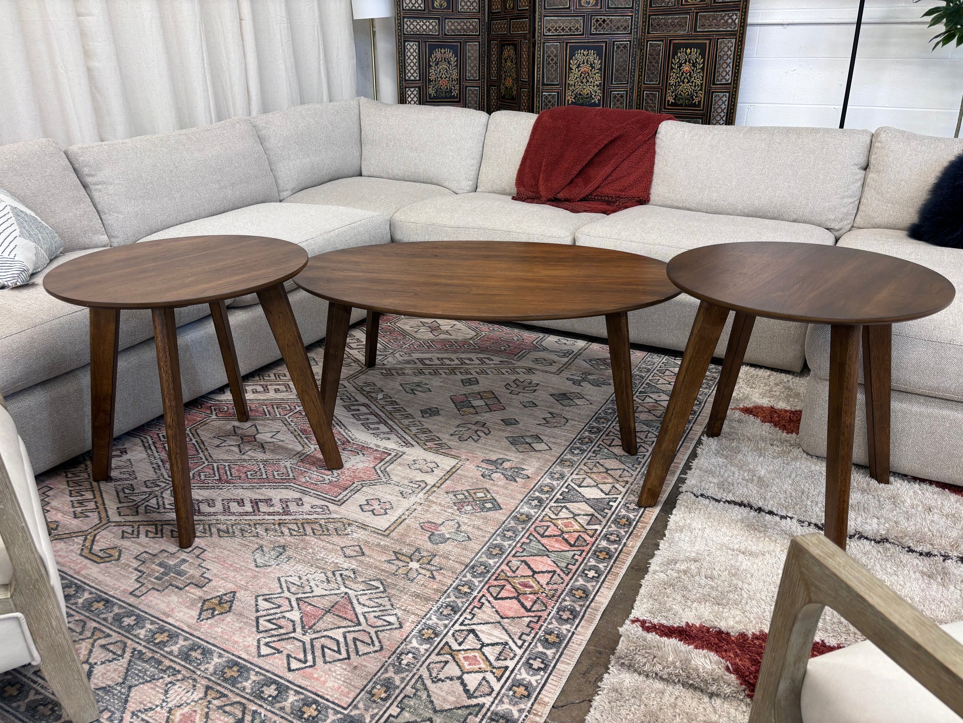 Walnut Theo MCM Round Coffee & End Table Set - Reclaimed Elegance