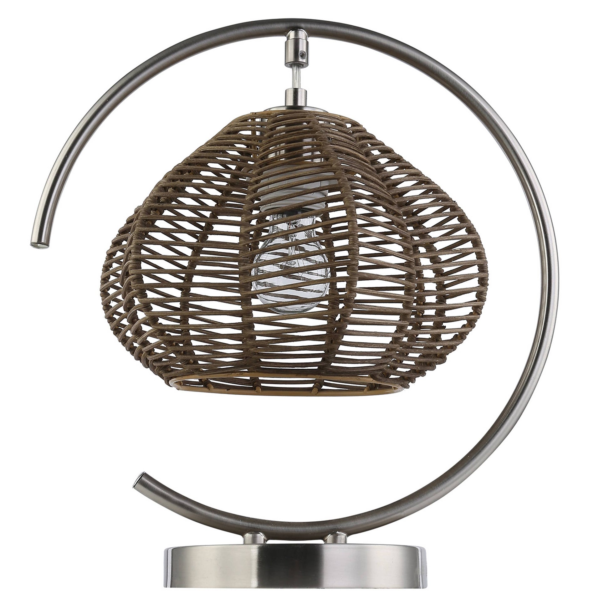 Brushed Nickel Iron Table Lamp with Tan Rattan Shade - Reclaimed Elegance