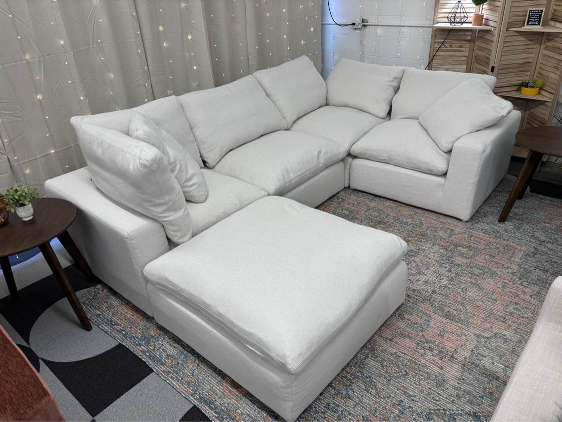 Cream Universal Slip-Covered Modular L-Shape + Ottoman