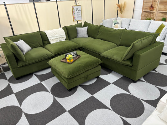 Olive Green Velvet SKY 2.0 Modular Corner Sectional + Ottoman