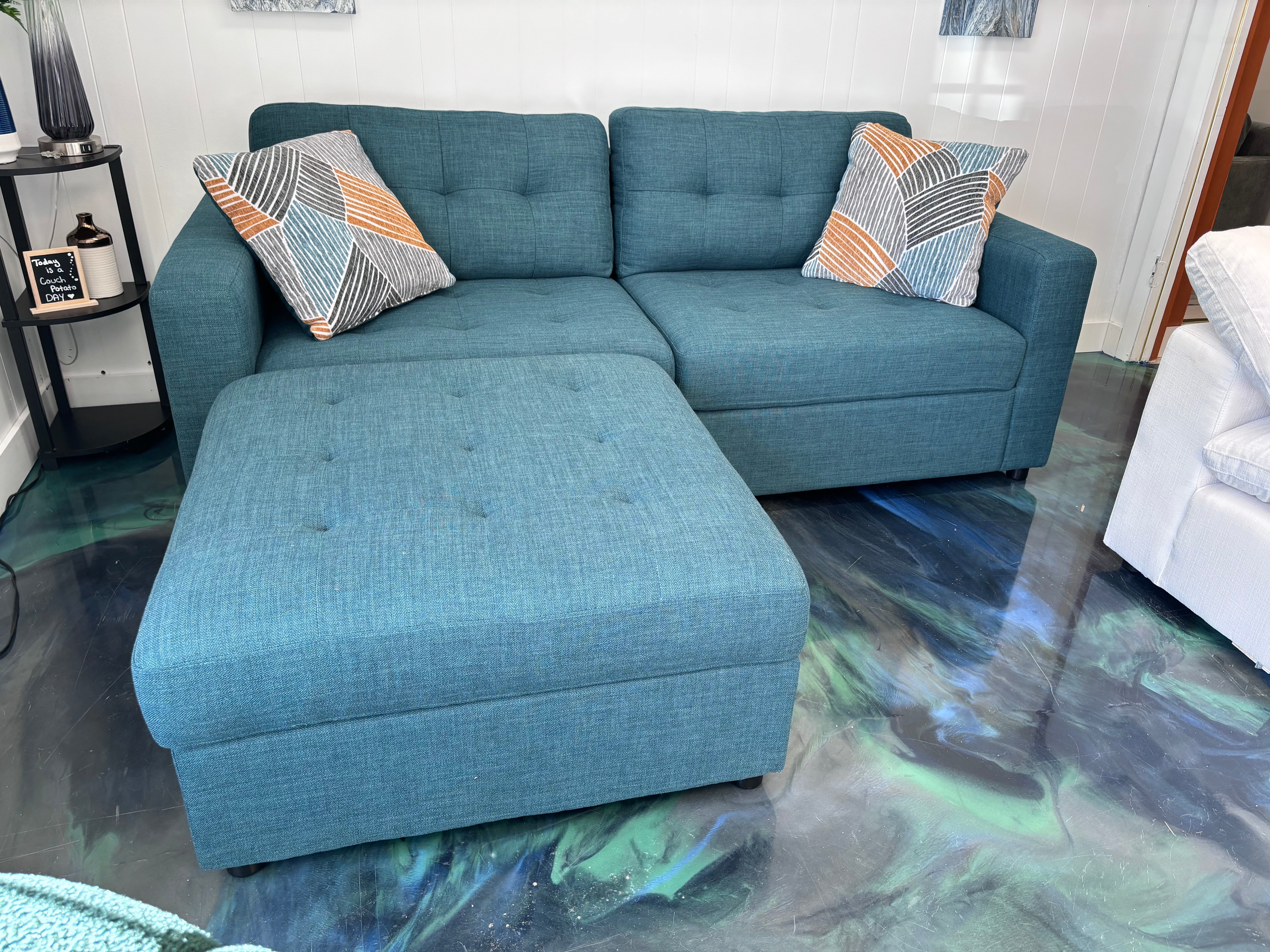Teal Palmer Sofa + Storage Ottoman