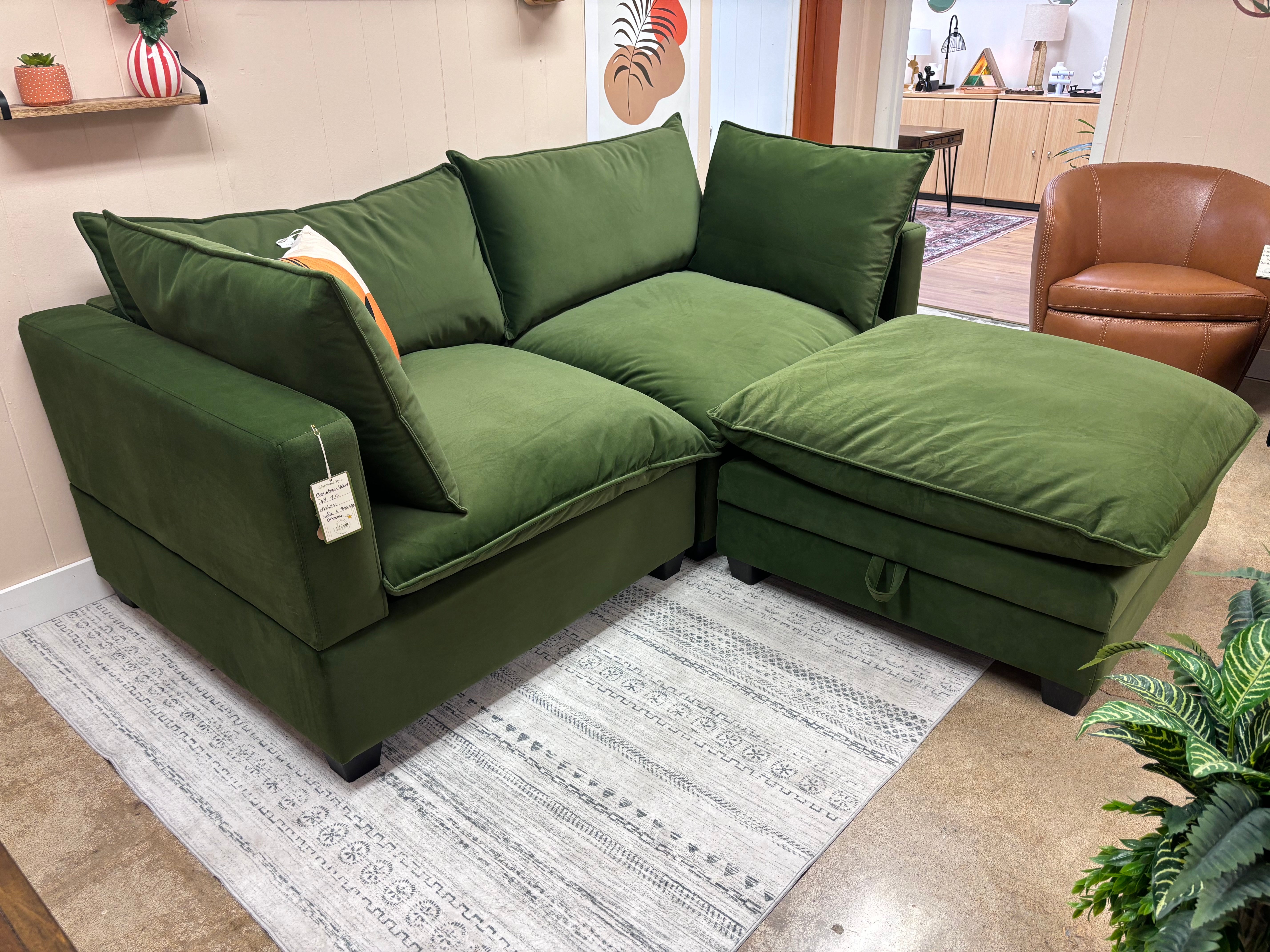 Olive Green Velvet SKY 2.0 Modular Loveseat + Storage Ottoman - Reclaimed Elegance