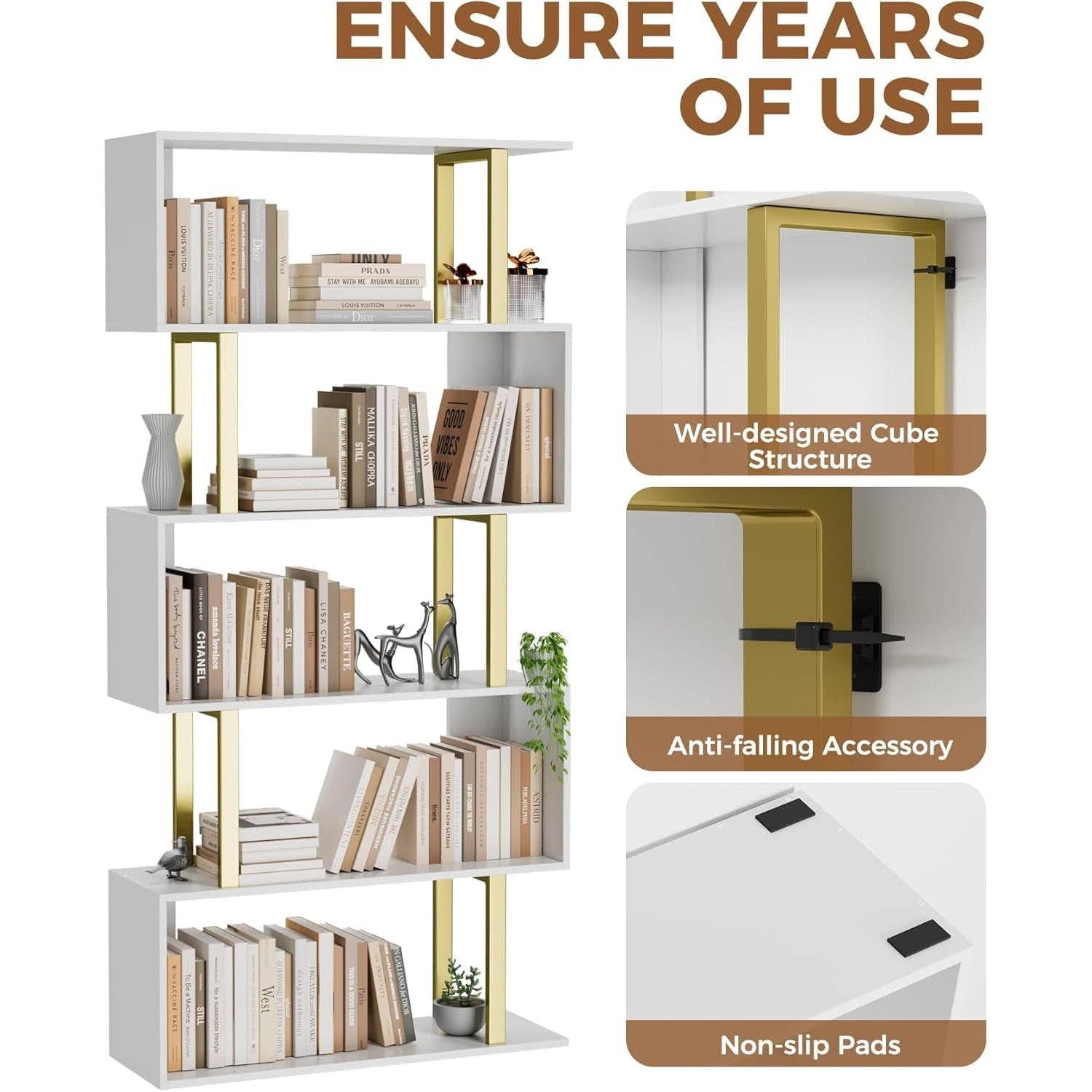 Gold & White 5 Tier S Shaped Bookcase - Reclaimed Elegance