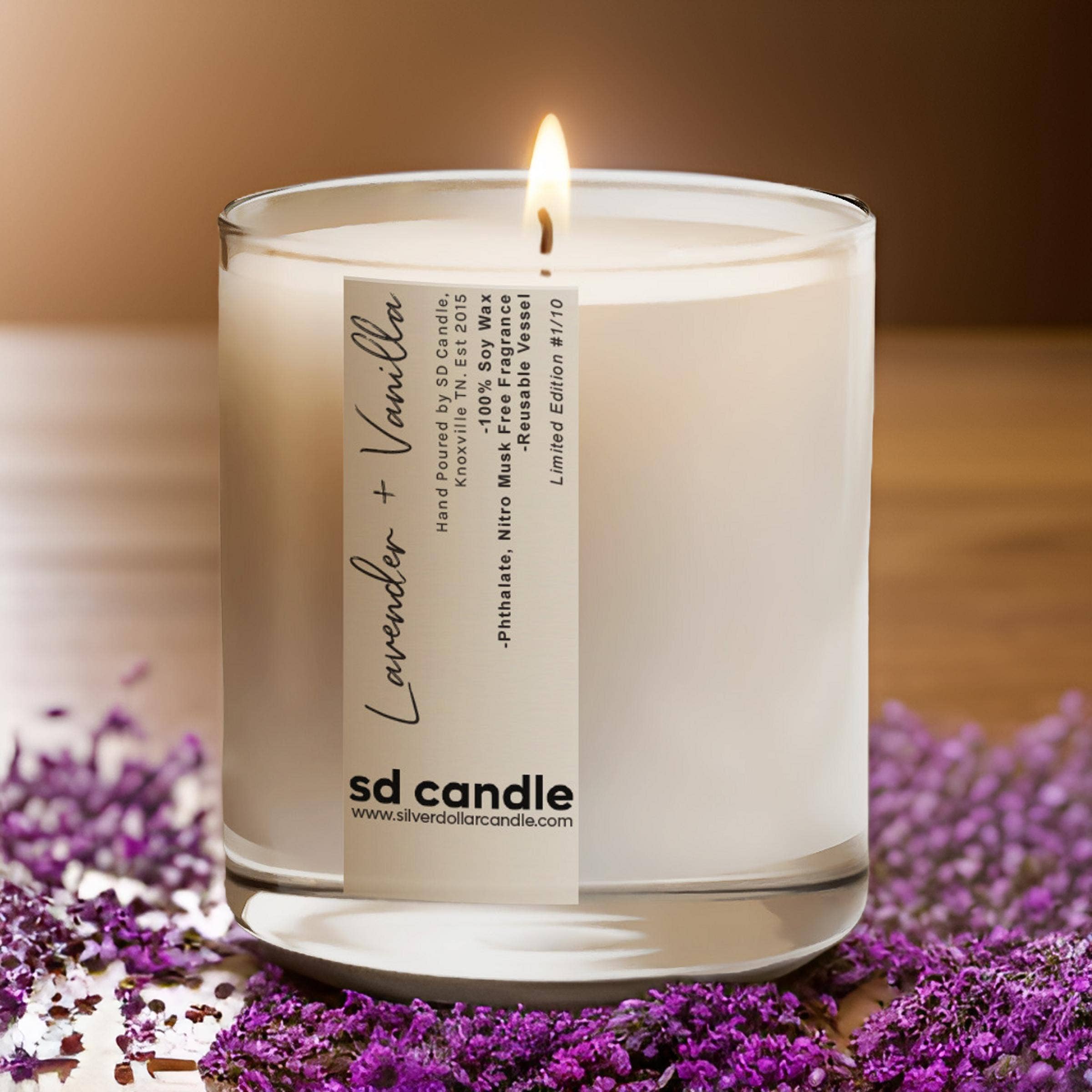 Lavender + Vanilla Scented Candle Glass Vessel Luxe Candles - Reclaimed Elegance