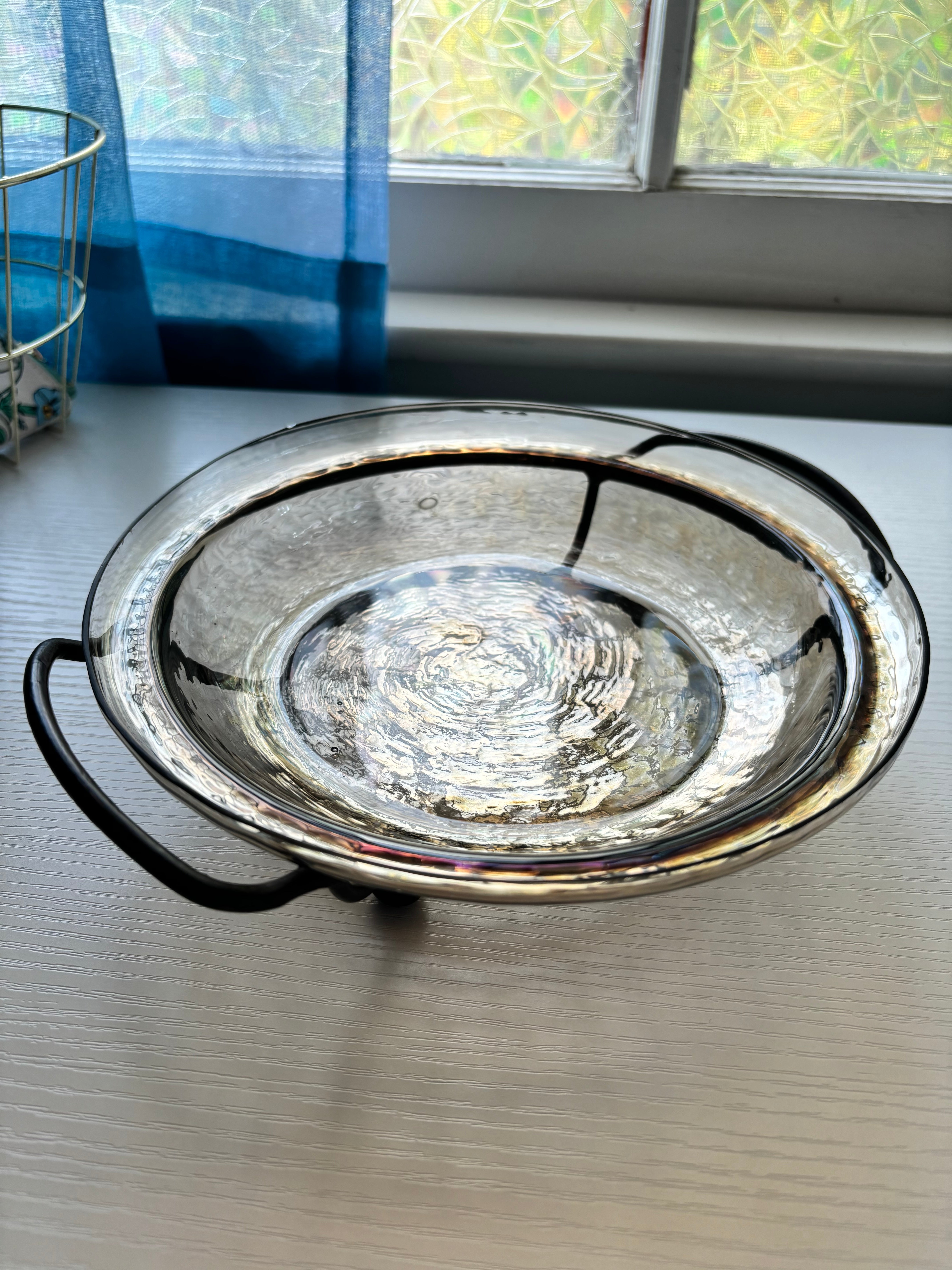 Iridescent Amber Bowl with Stand - Reclaimed Elegance