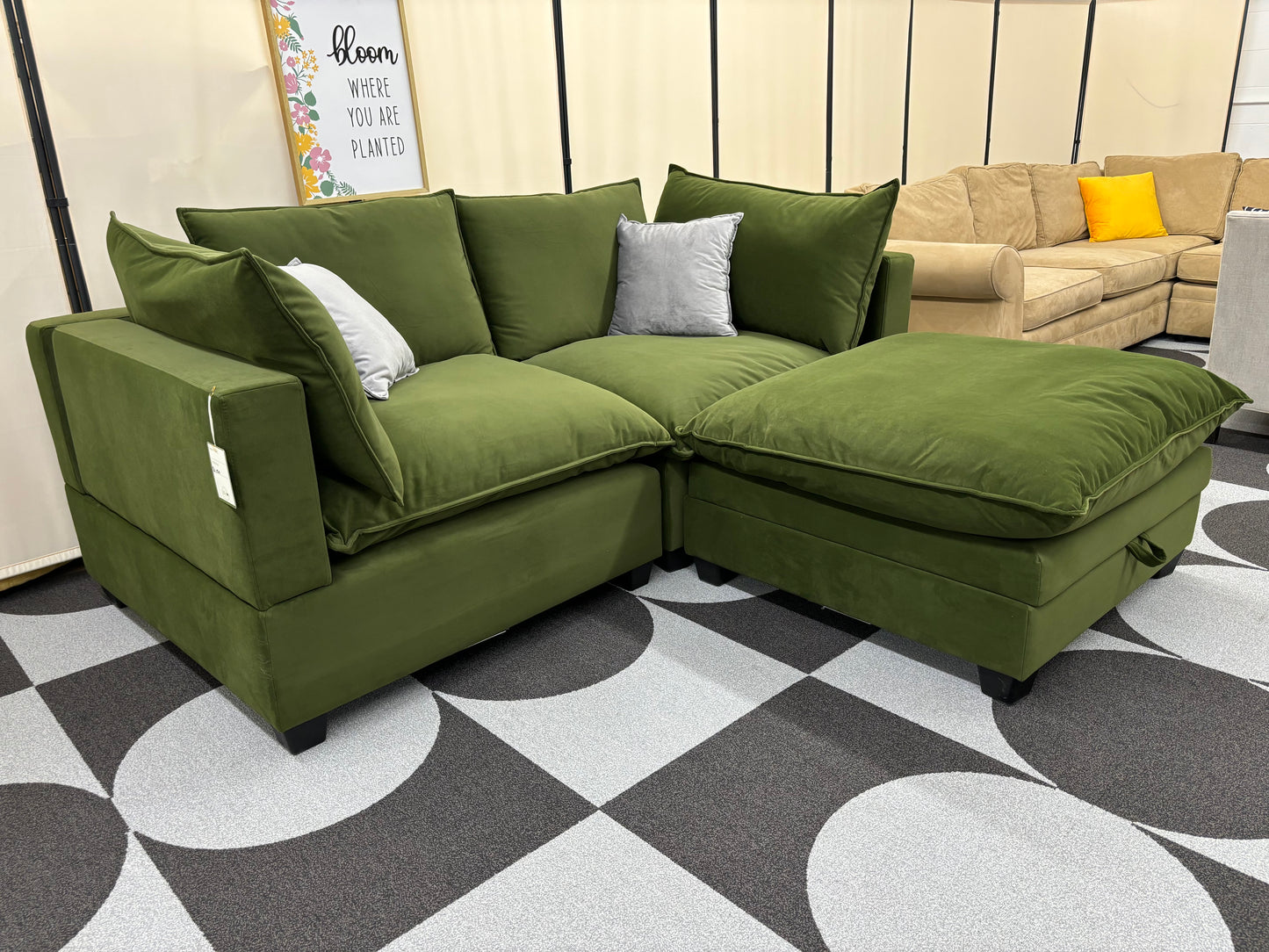 Olive Green Velvet SKY 2.0 Modular 2 Seater Sofa + Storage Ottoman