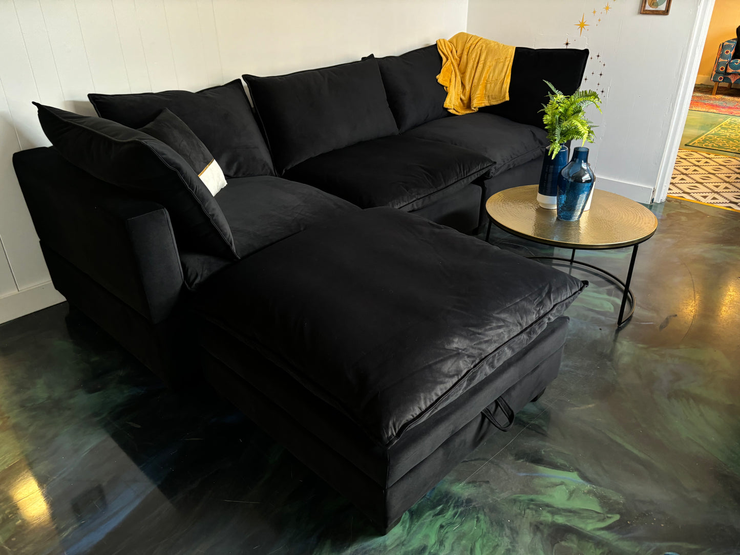 Onyx Black Velvet SKY 2.0 Modular Sofa + Storage Ottoman