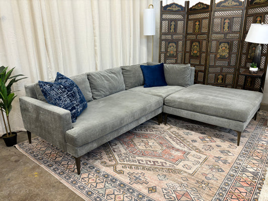 Grey Crushed Velvet West Elm Andes Right-Facing Chaise Sectional