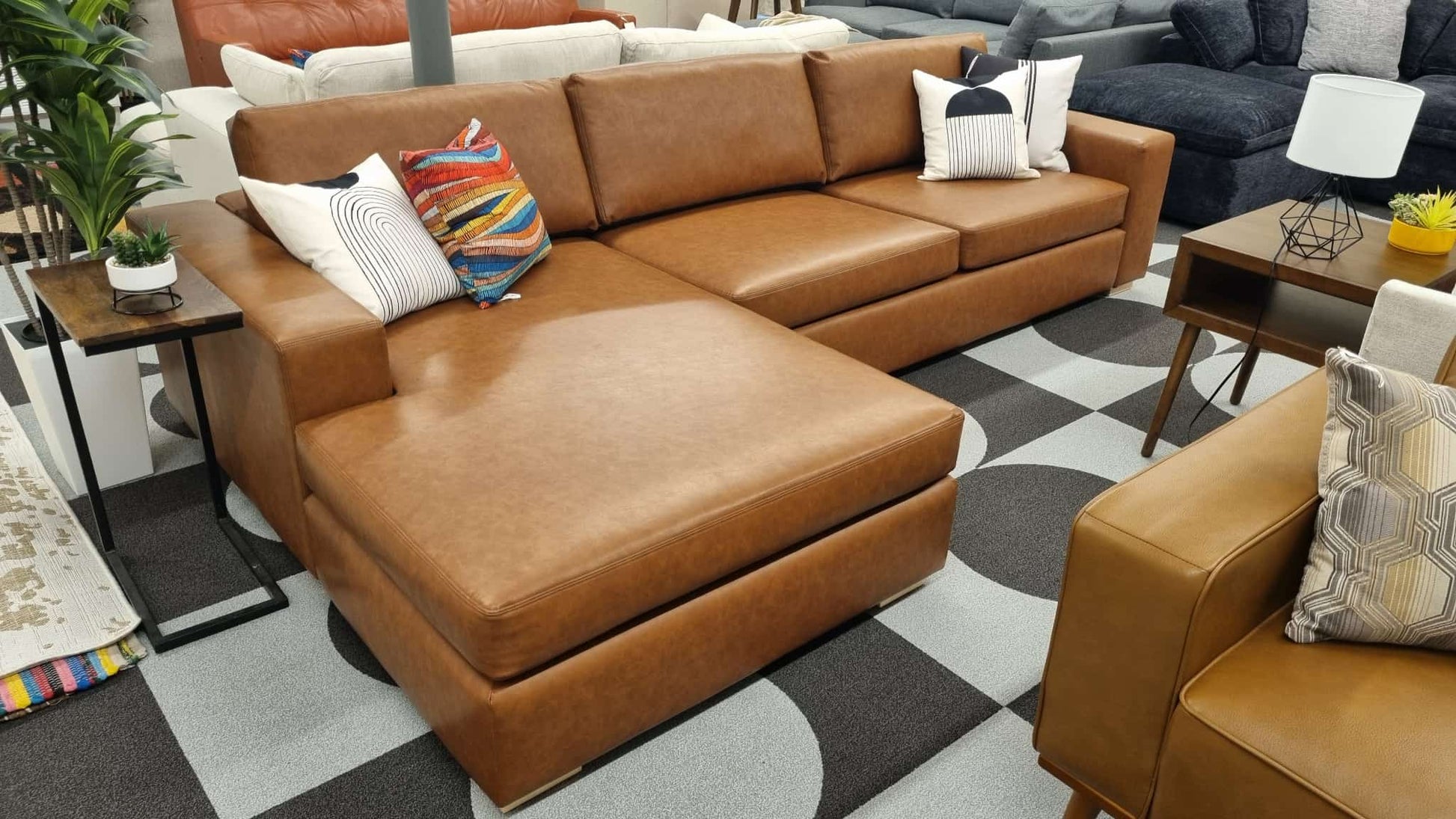 Cognac Vegan Leather Albany Park Barton Left-Facing Chaise Sectional - Reclaimed Elegance