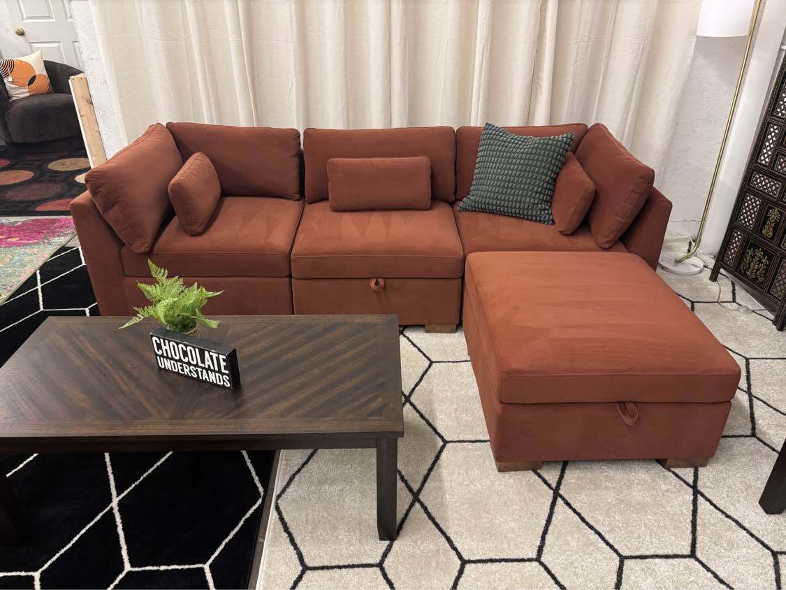 Rust Velvet World Market Montclair Modular Sofa + Storage Ottoman - Reclaimed Elegance