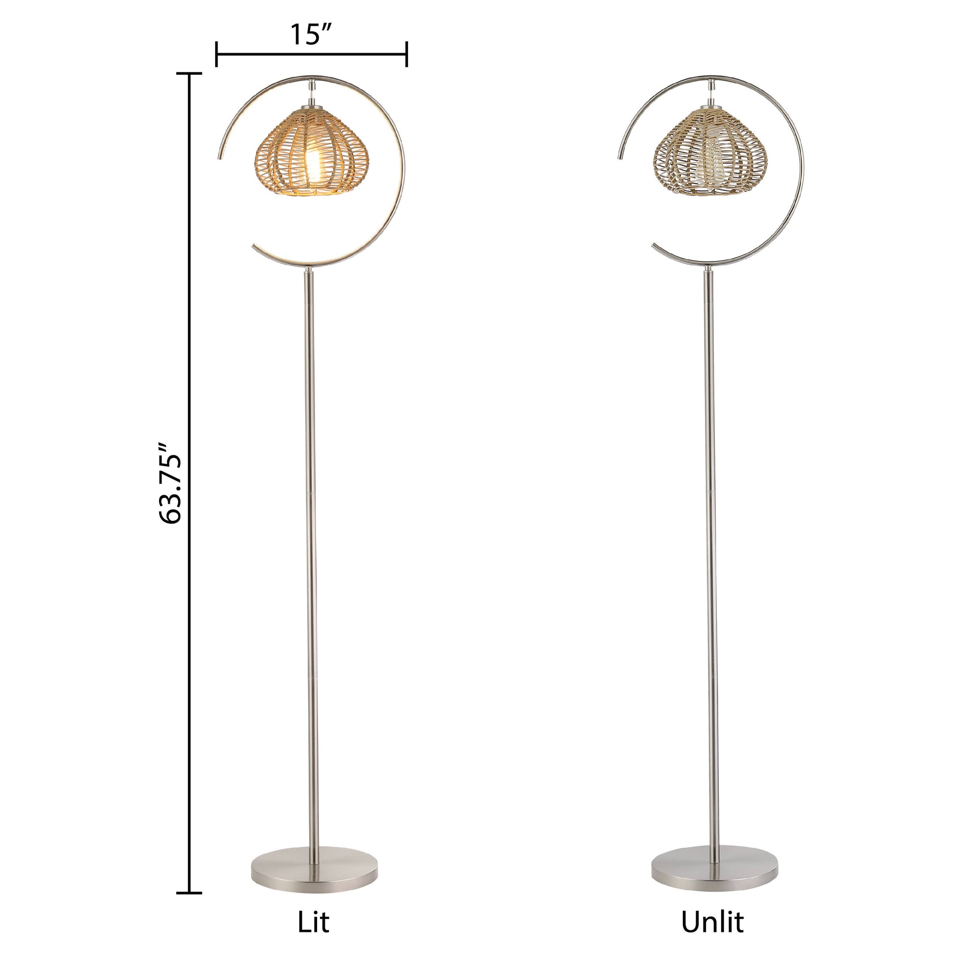 Brushed Nickel Iron Floor Lamp & Tan Rattan Shade - Reclaimed Elegance