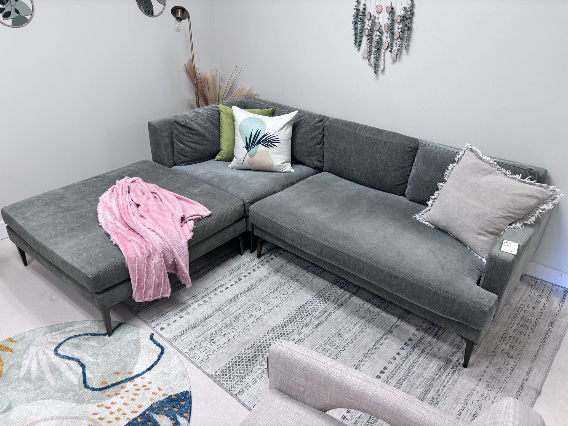 Grey Crushed Velvet West Elm Andes Left-Facing Chaise Sectional - Reclaimed Elegance