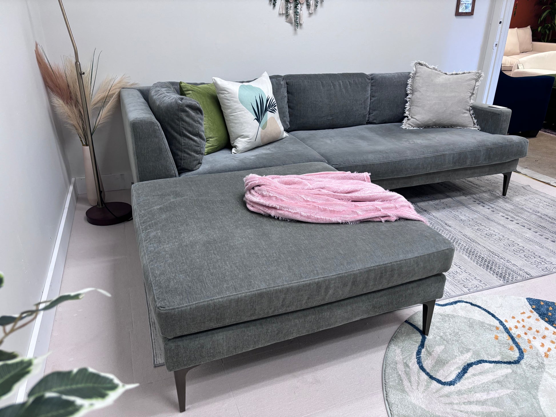 Grey Crushed Velvet West Elm Andes Left-Facing Chaise Sectional - Reclaimed Elegance