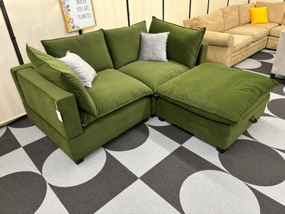 Olive Green Velvet SKY 2.0 Modular 2 Seater Sofa + Storage Ottoman