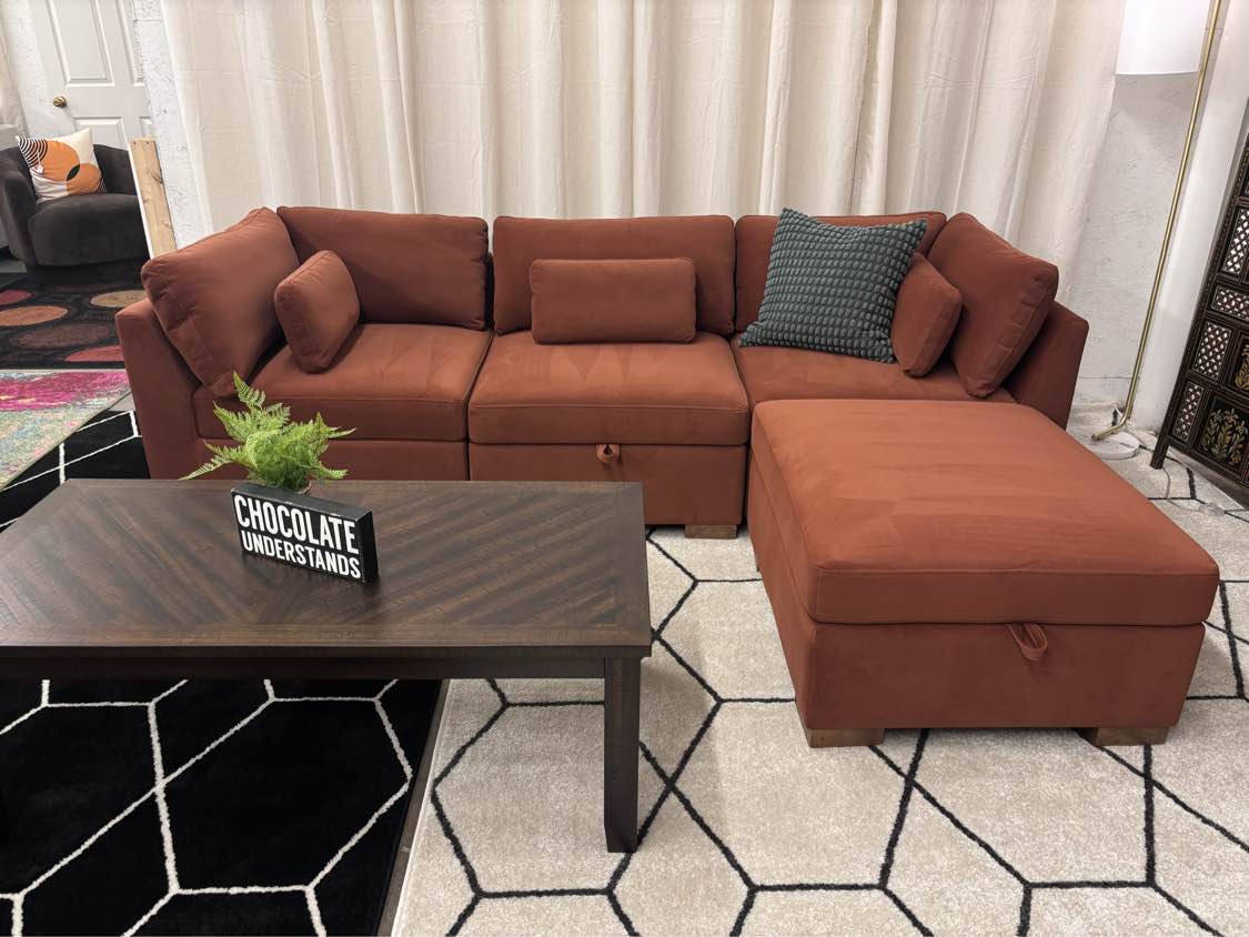 Rust Velvet World Market Montclair Modular Sofa + Storage Ottoman - Reclaimed Elegance