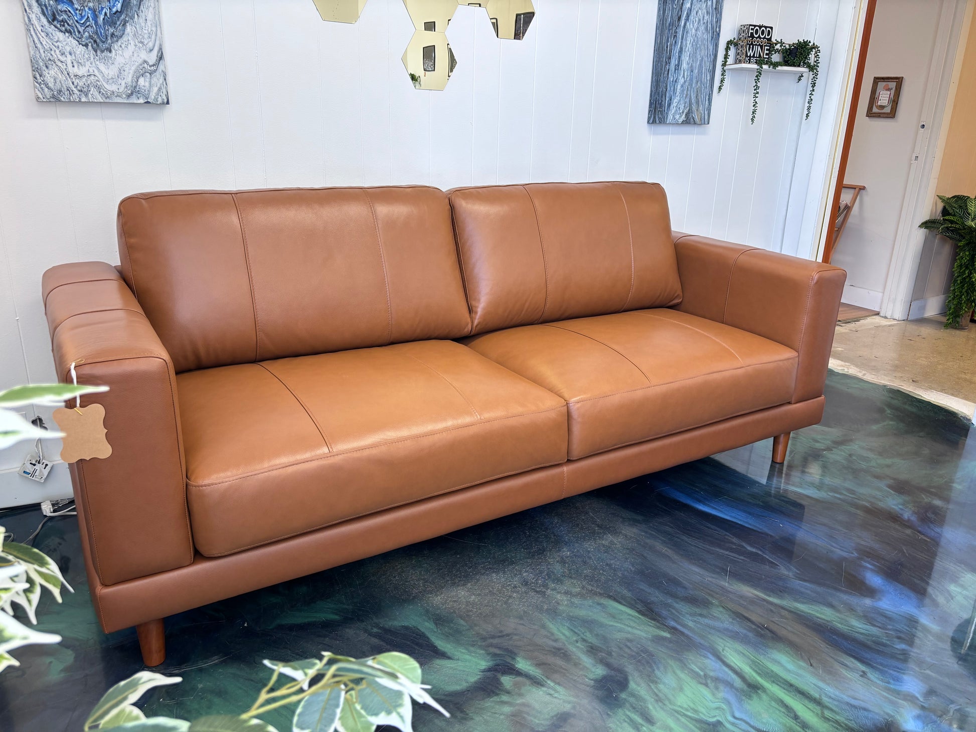 Whiskey Brown Top Grain Leather Hampton Sofa - Reclaimed Elegance