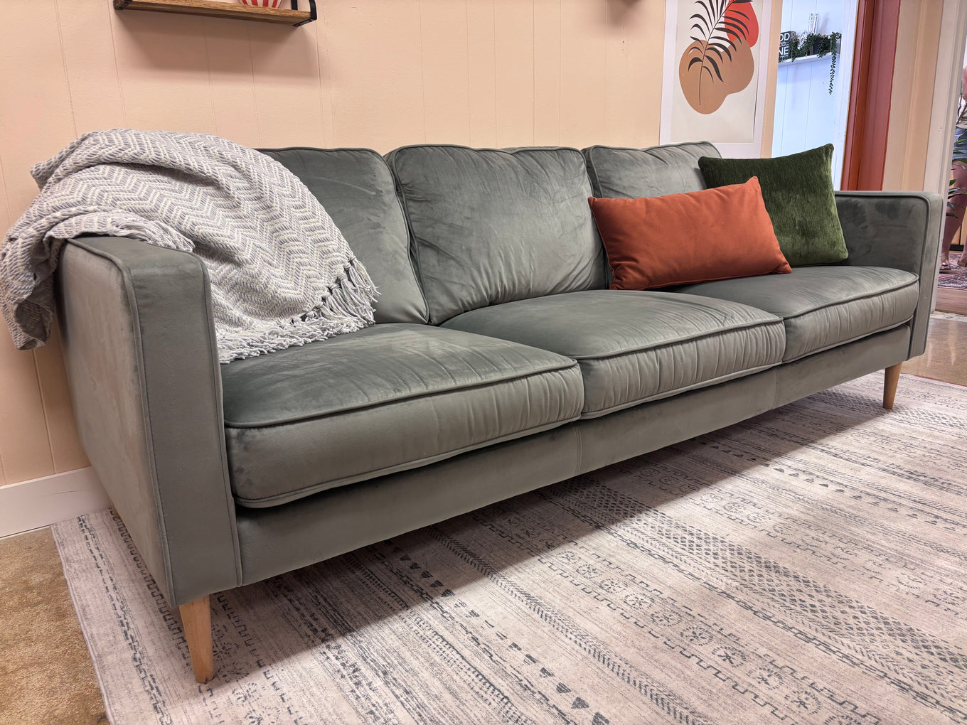 Steel Blue Velvet MCM Style Sofa