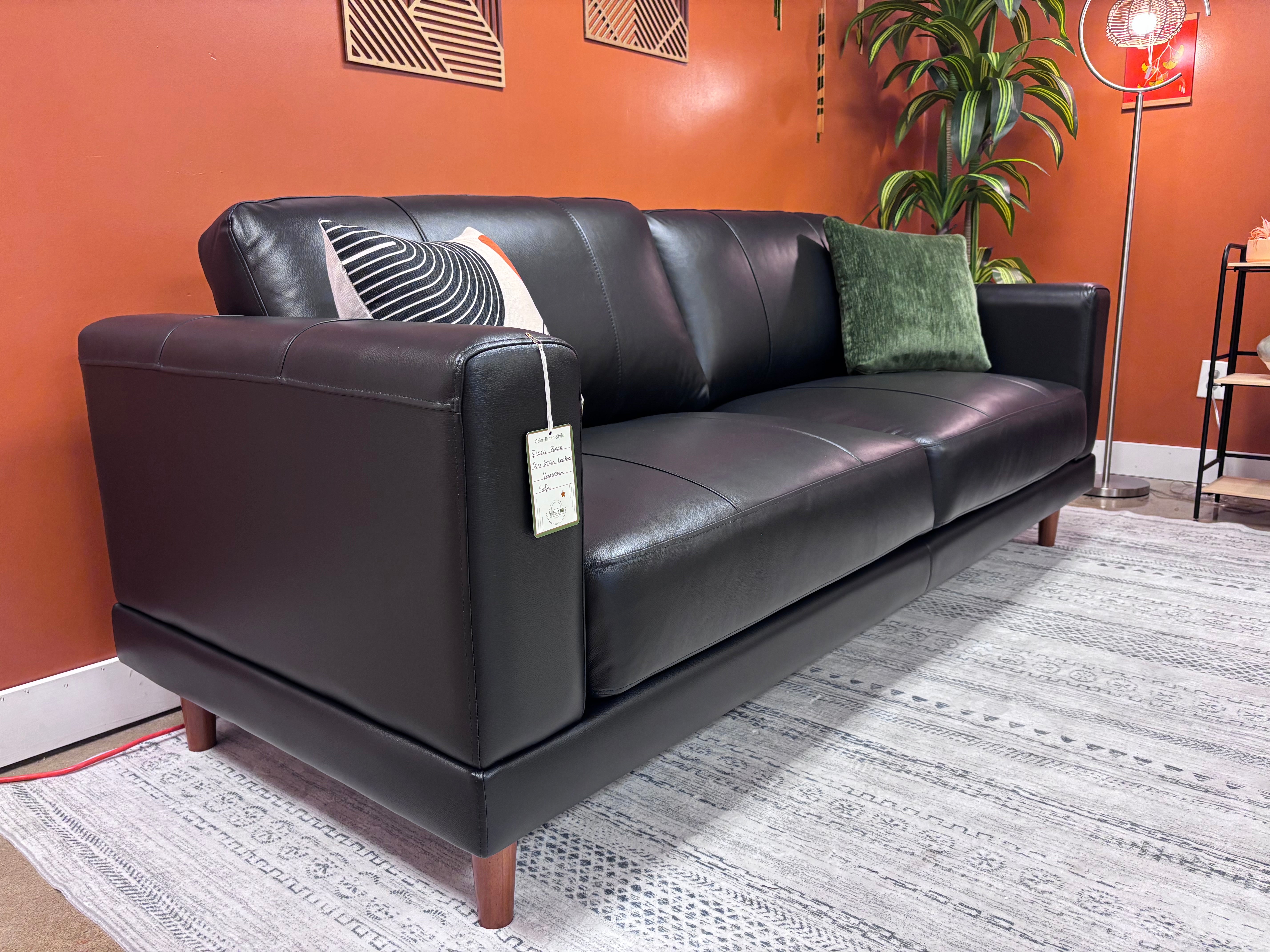 Fiero Black Top Grain Leather Hampton Sofa