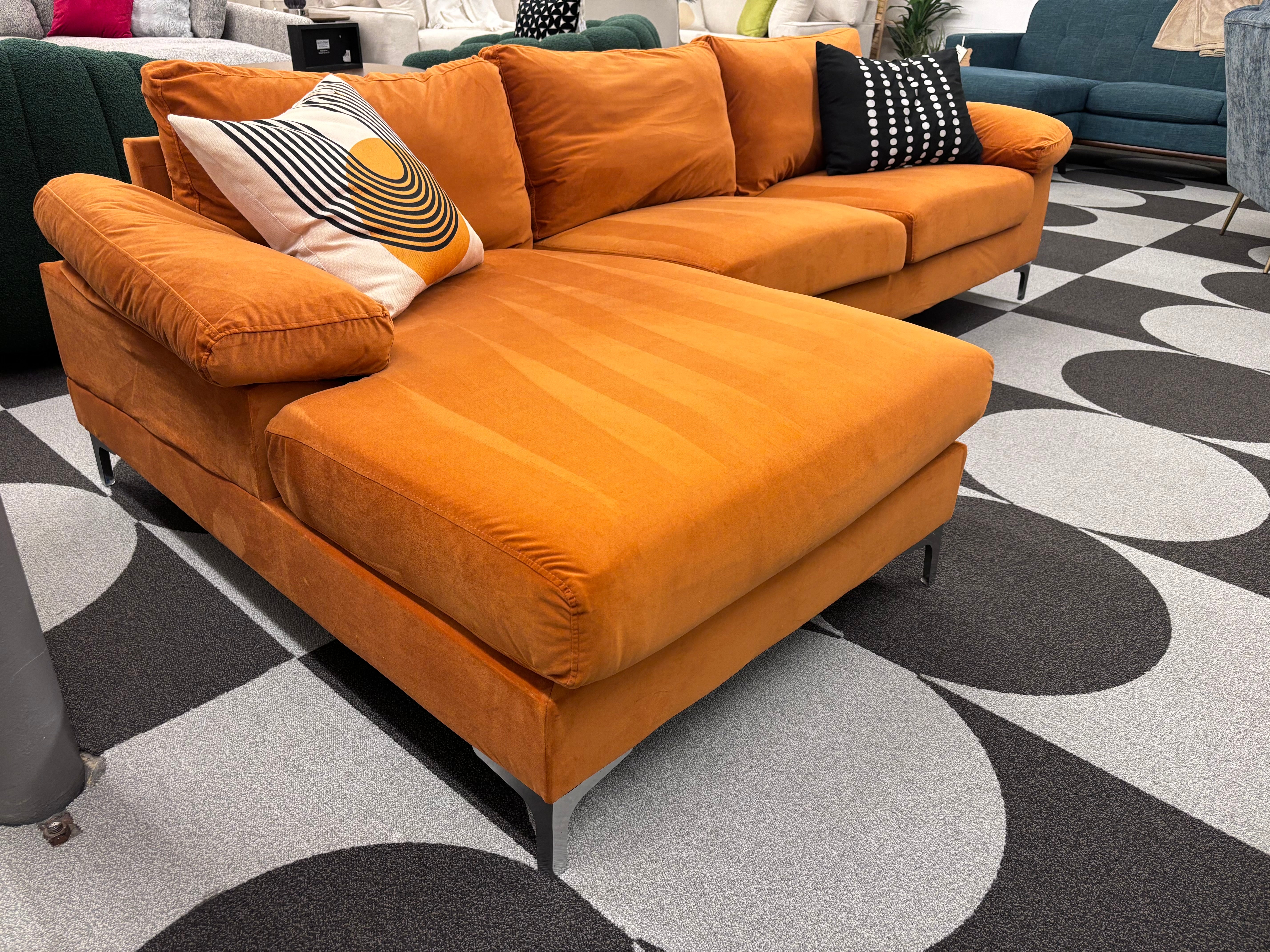 Burnt Orange Velvet Left-Facing Chaise Sectional