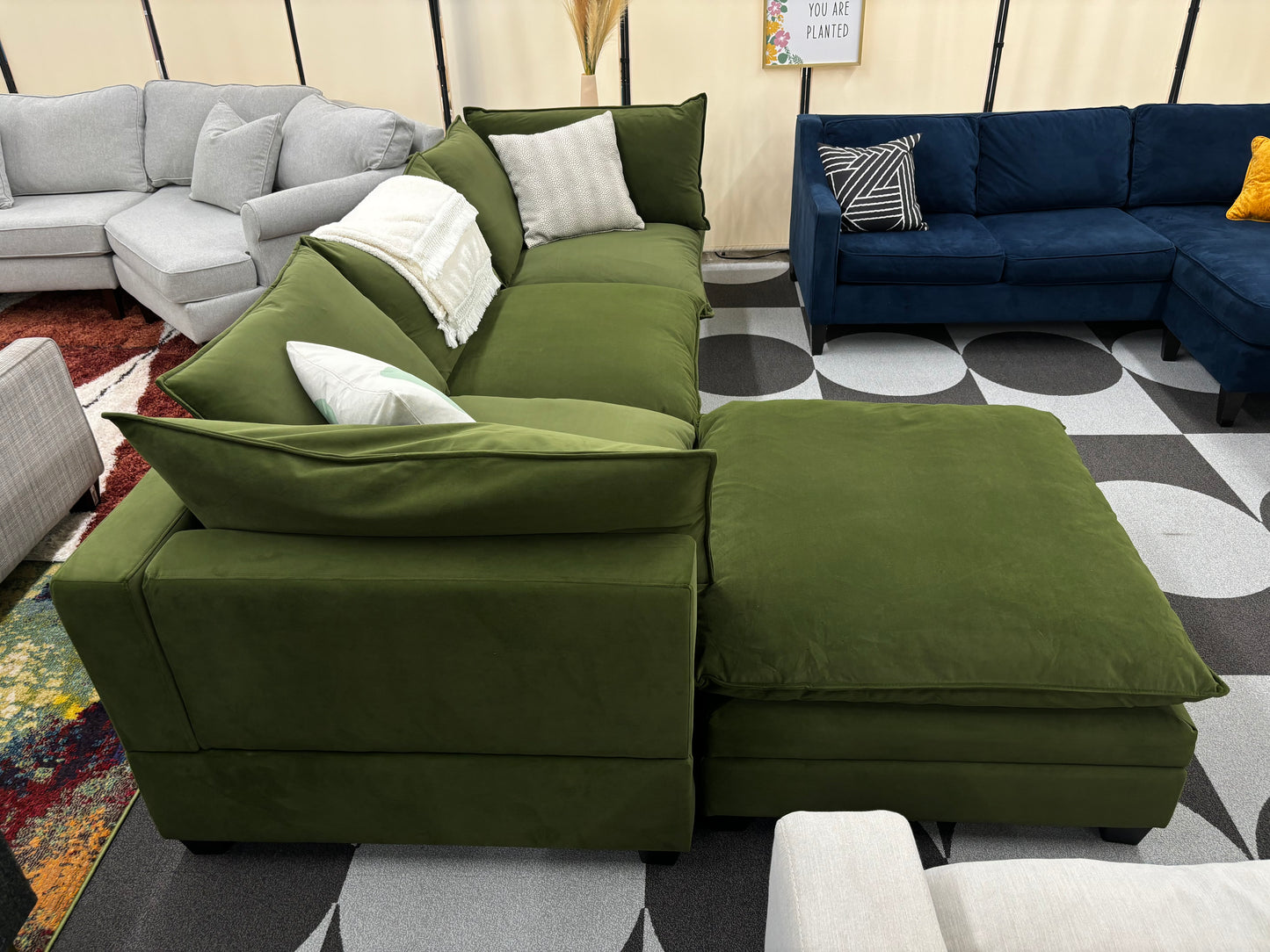 Olive Green Velvet SKY 2.0 Modular Sofa + Storage Ottoman