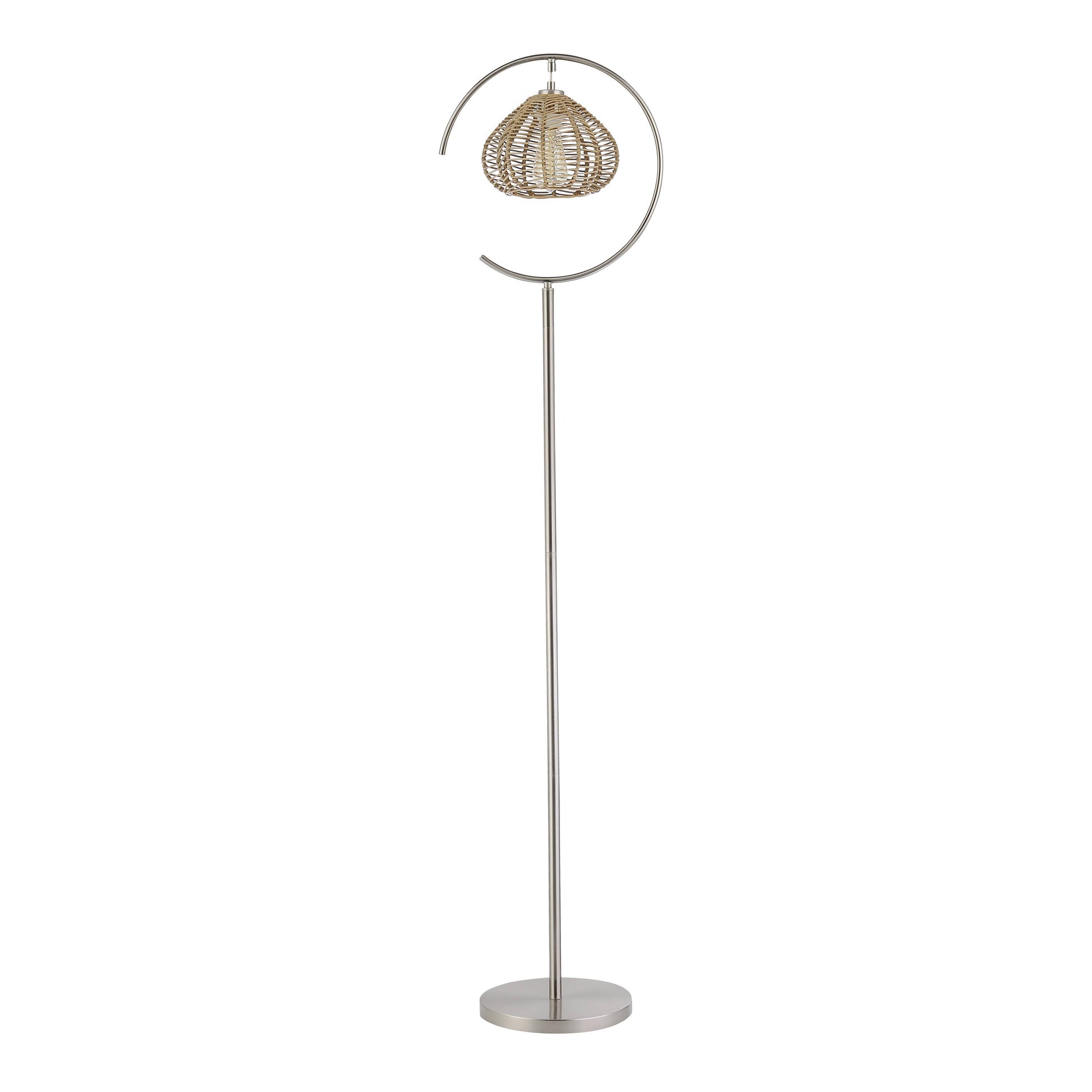 Brushed Nickel Iron Floor Lamp & Tan Rattan Shade - Reclaimed Elegance