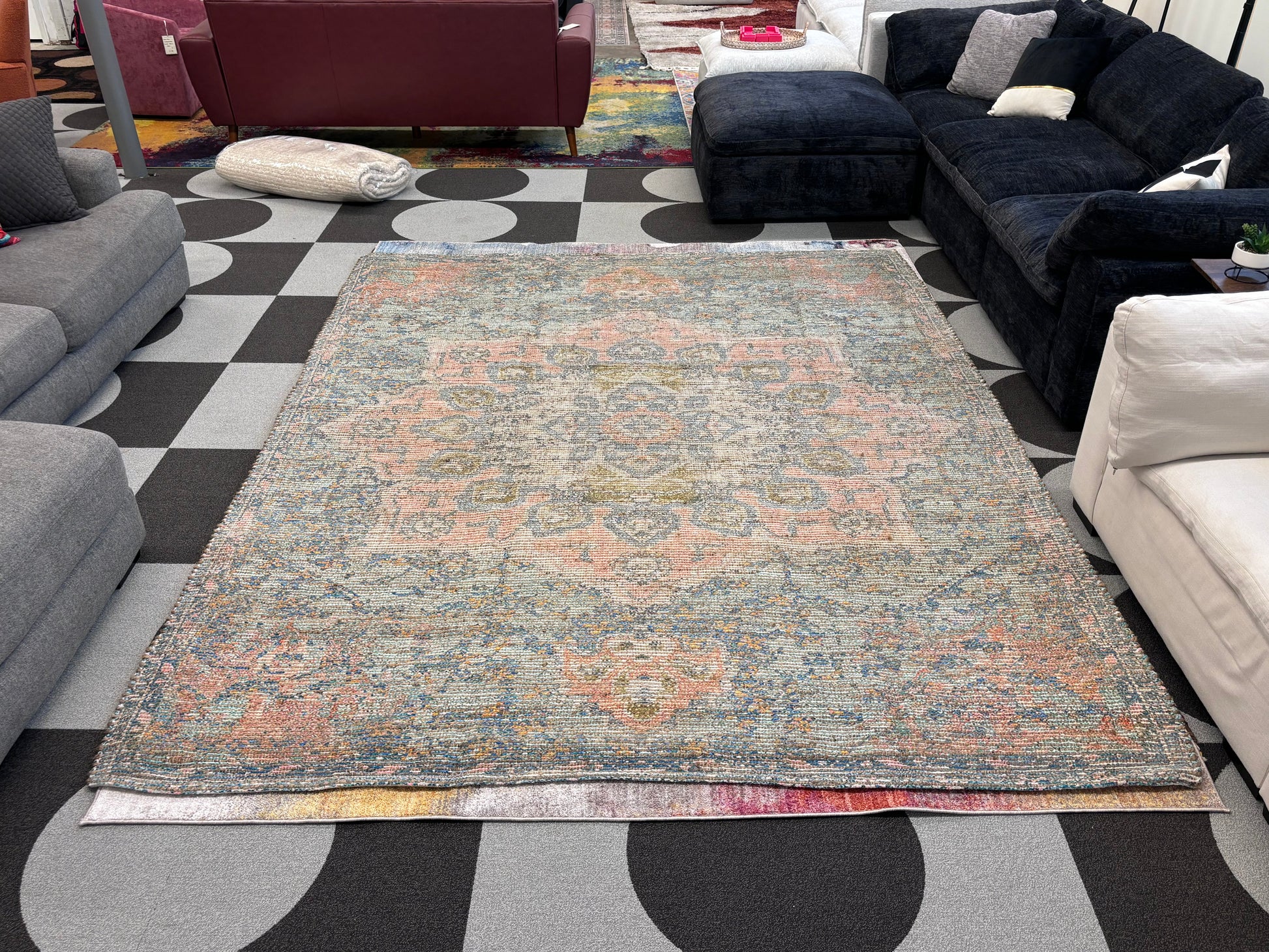 Blue and Peach 7' 10 x 10' Chenille Jute Rectangle Rug - Reclaimed Elegance