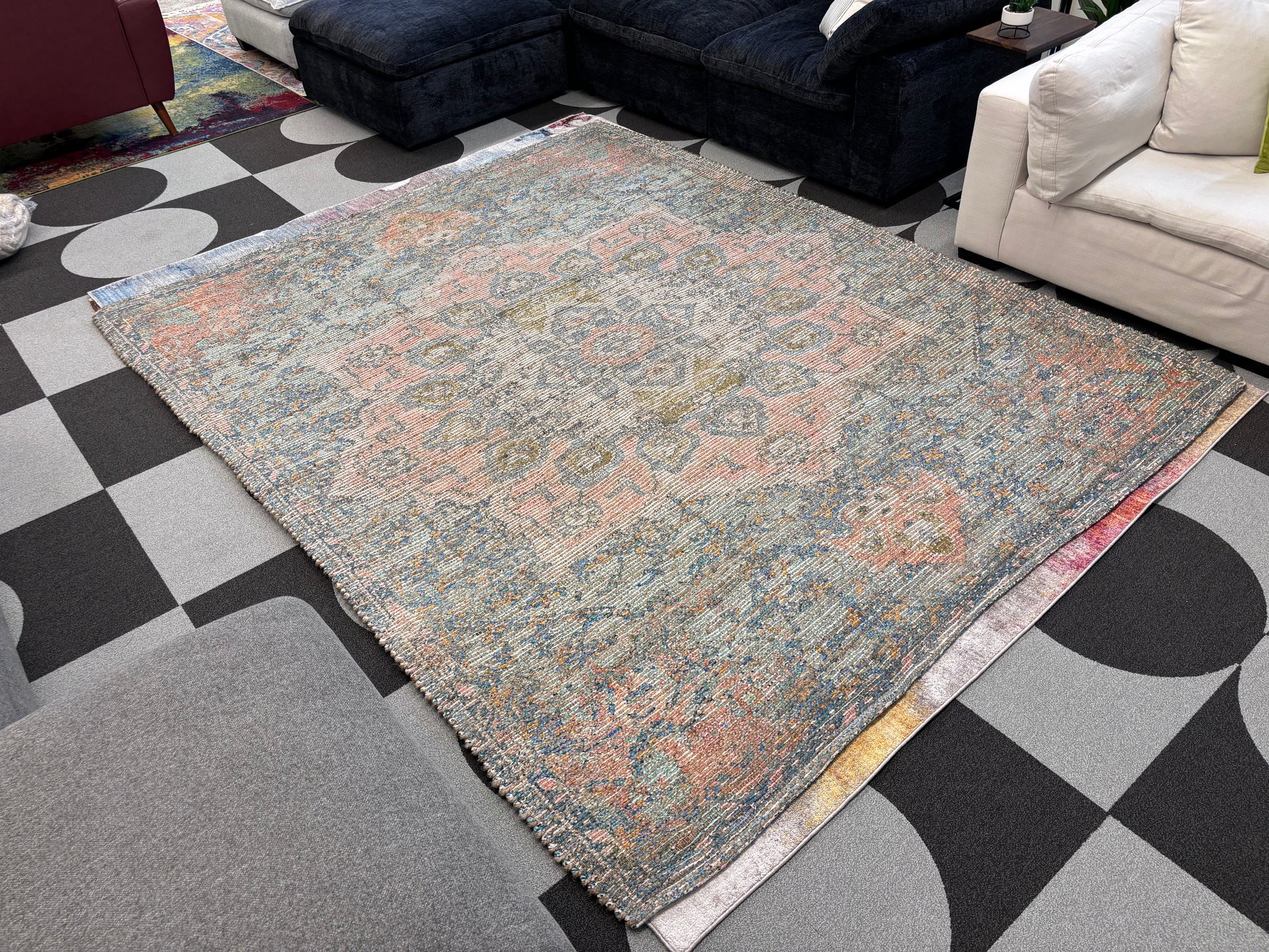 Blue and Peach 7' 10 x 10' Chenille Jute Rectangle Rug - Reclaimed Elegance