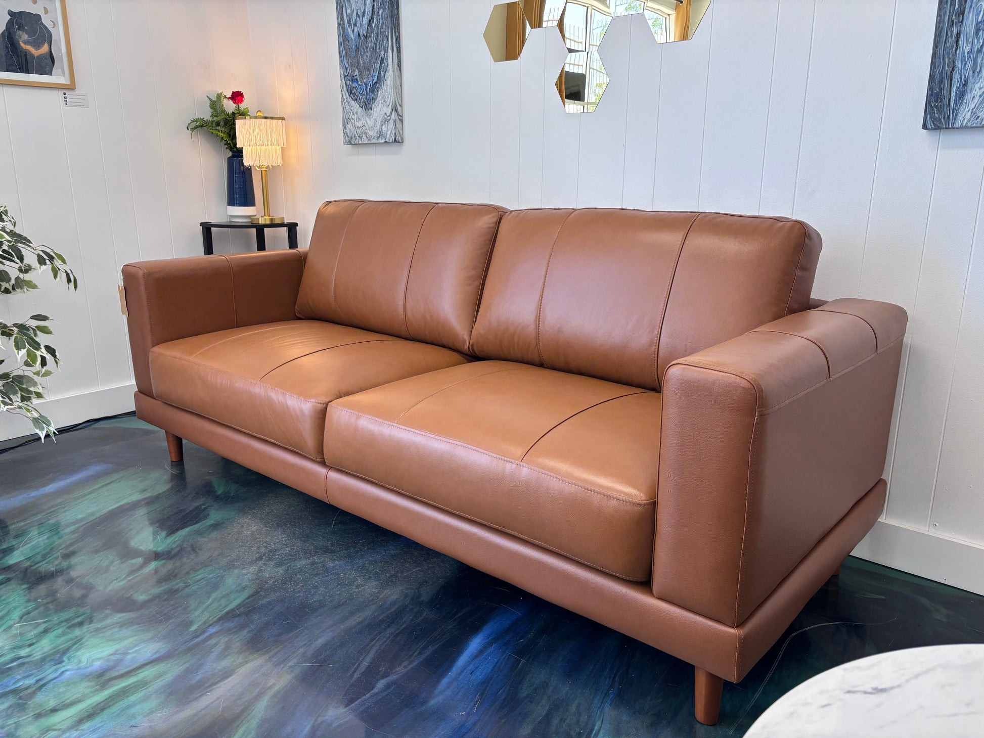 Whiskey Brown Top Grain Leather Hampton Sofa - Reclaimed Elegance