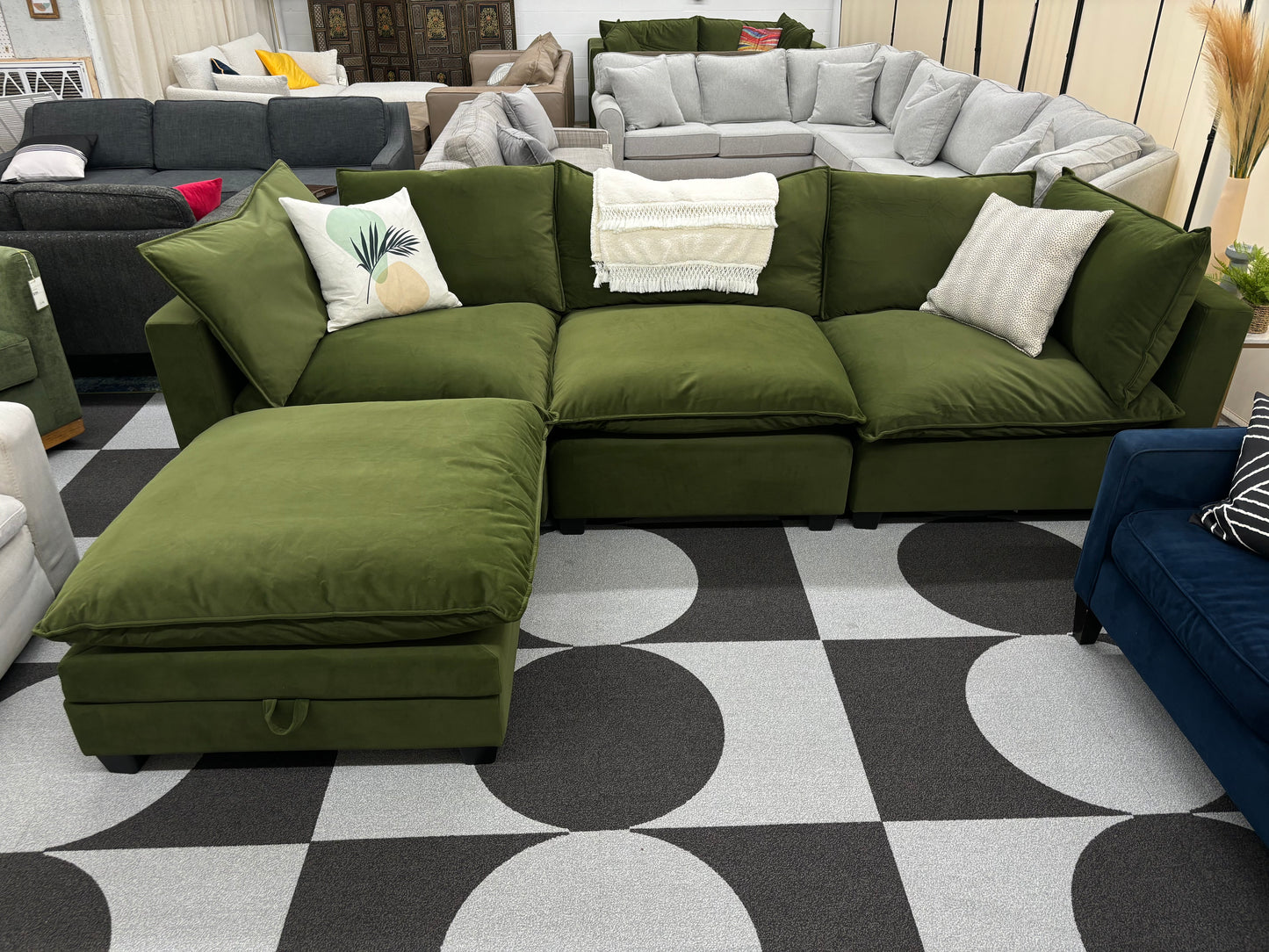 Olive Green Velvet SKY 2.0 Modular Sofa + Storage Ottoman