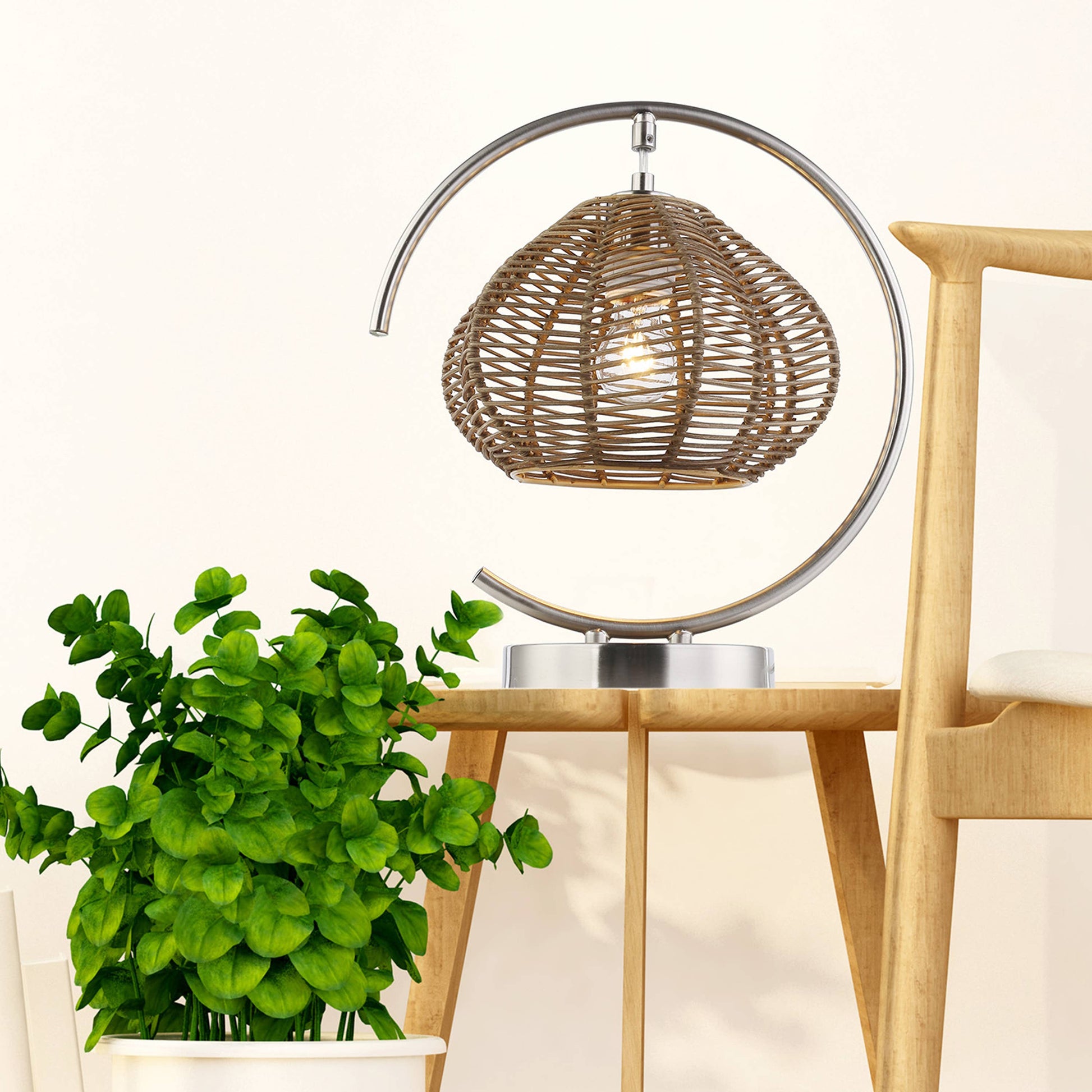 Brushed Nickel Iron Table Lamp with Tan Rattan Shade - Reclaimed Elegance