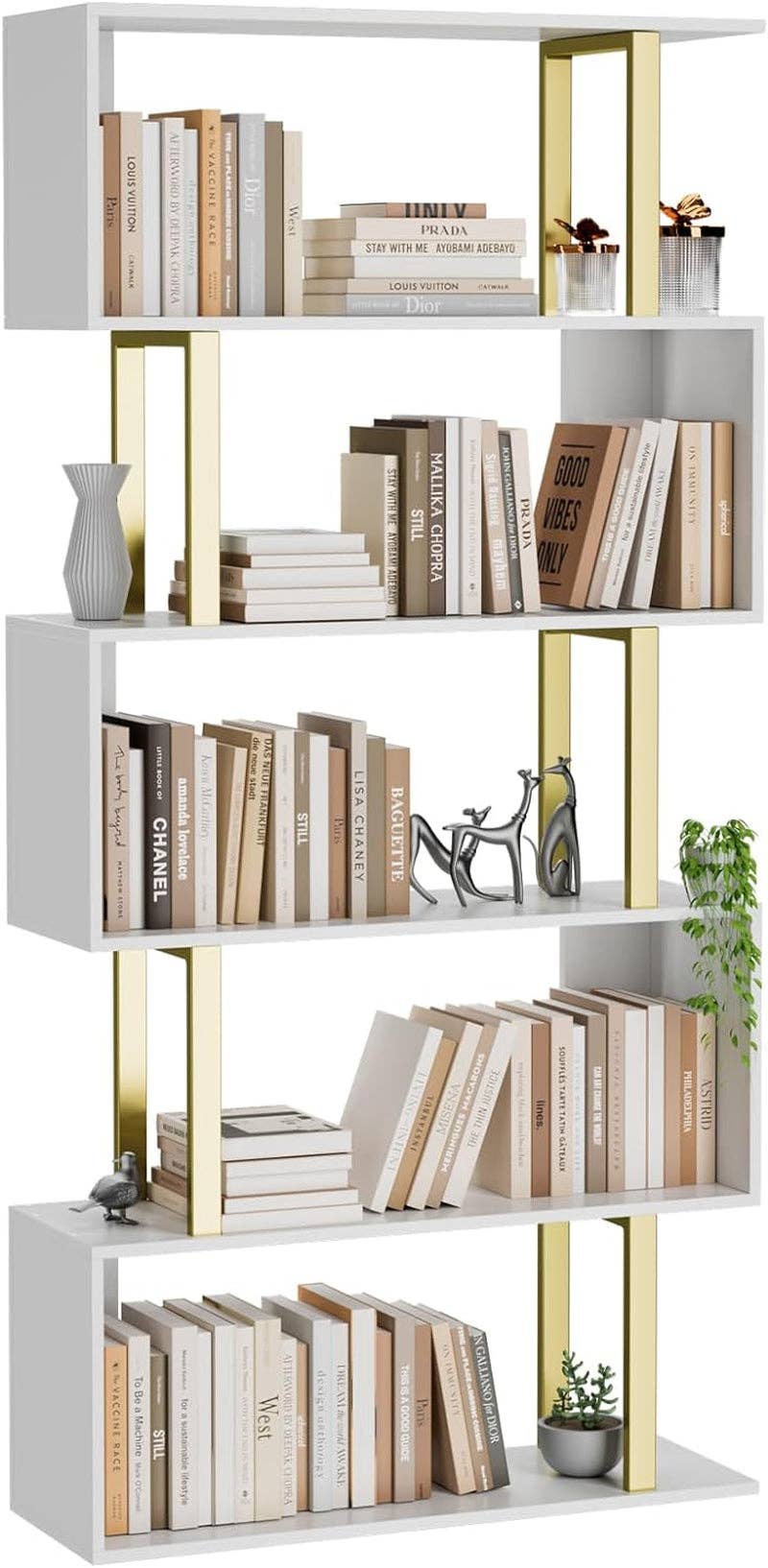 Gold & White 5 Tier S Shaped Bookcase - Reclaimed Elegance