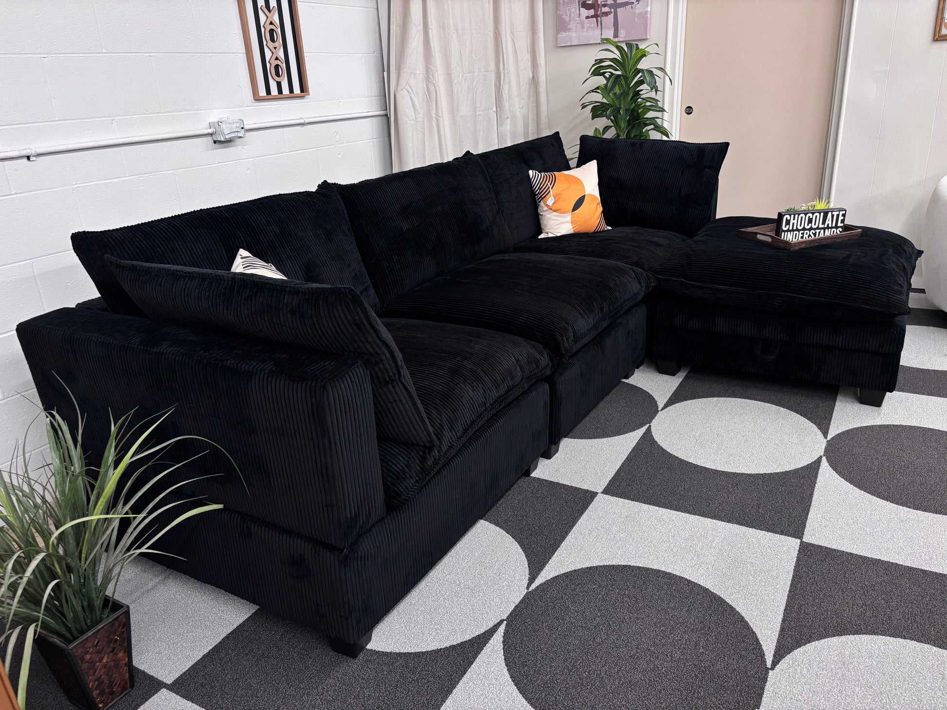 Black Corduroy SKY 2.0 Modular Sofa + Storage Ottoman - Reclaimed Elegance