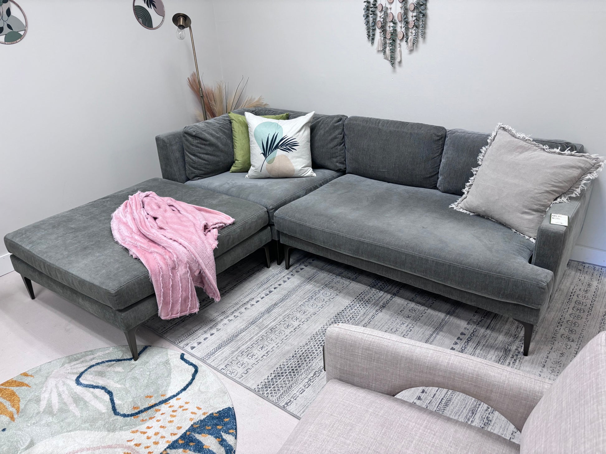 Grey Crushed Velvet West Elm Andes Left-Facing Chaise Sectional - Reclaimed Elegance