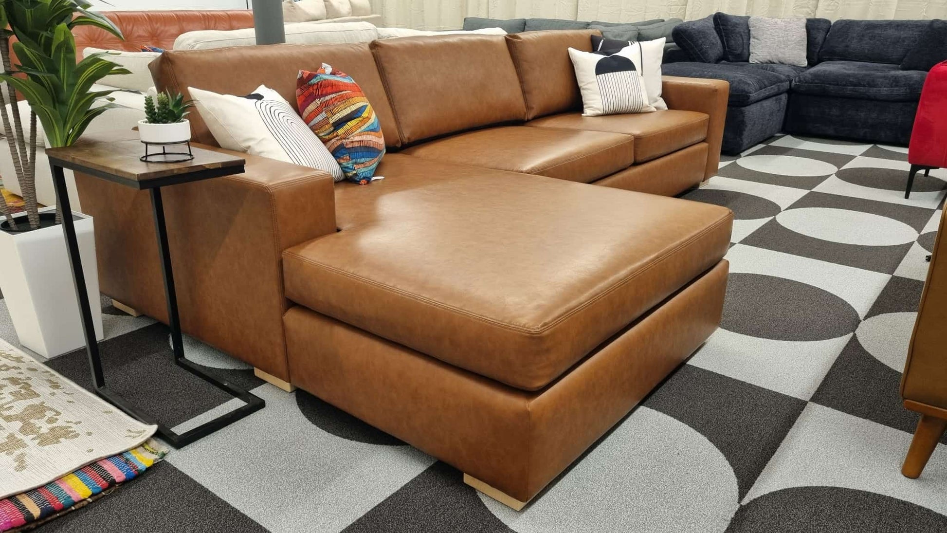 Cognac Vegan Leather Albany Park Barton Left-Facing Chaise Sectional - Reclaimed Elegance