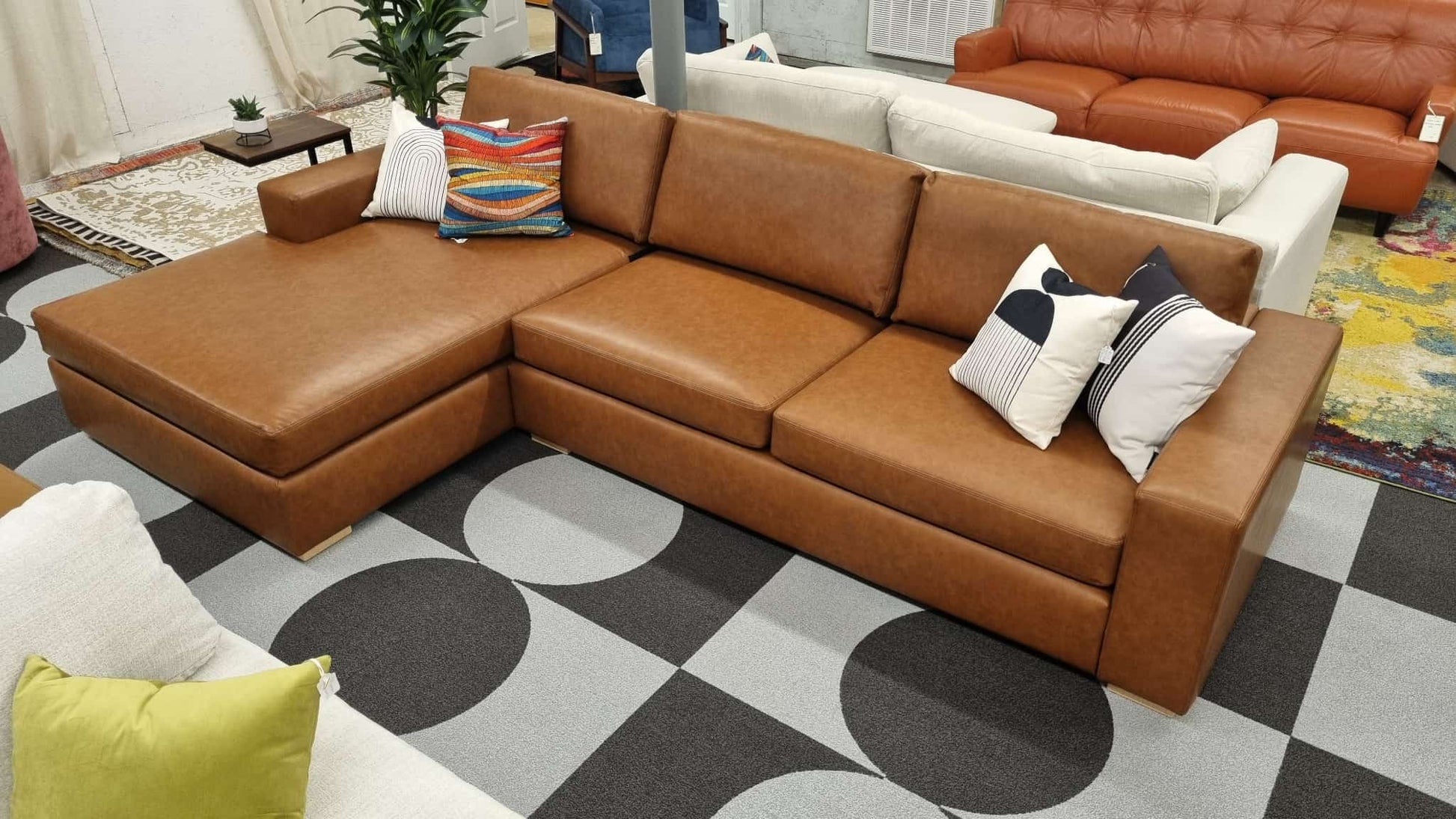Cognac Vegan Leather Albany Park Barton Left-Facing Chaise Sectional - Reclaimed Elegance