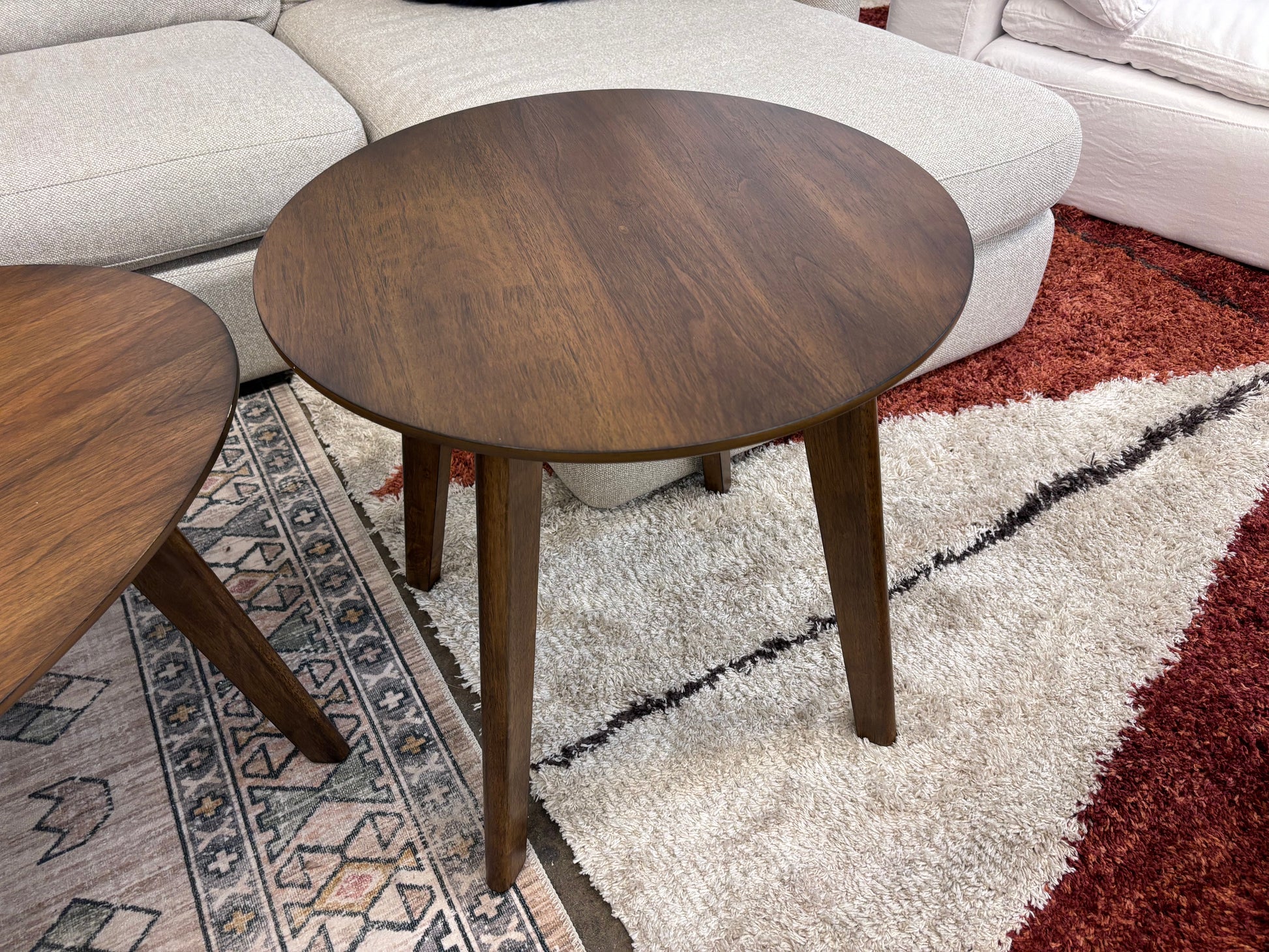 Walnut Theo MCM Round Coffee & End Table Set - Reclaimed Elegance